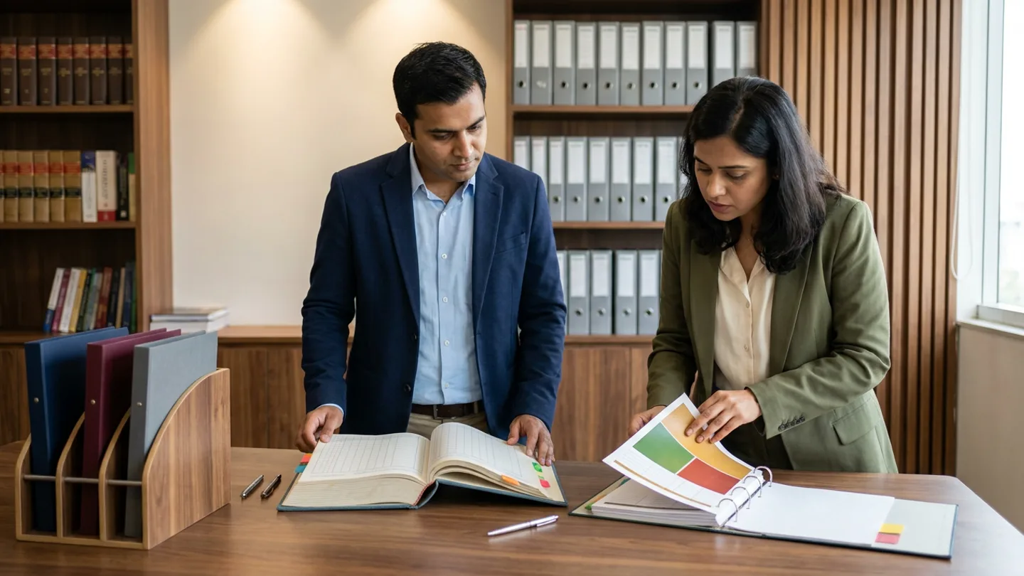 Indian male regulatory-affairs manager in a navy blazer and female HSE compliance coordinator in an olive-green blazer standing at a walnut conference table before bookshelves of bound volumes and grey lever-arch files, reviewing an open hardbound statutory applicability register with colour-coded tabs alongside an open ring binder of green, amber, and red compliance mapping blocks and a wooden document sorter holding navy, burgundy, and grey folders.