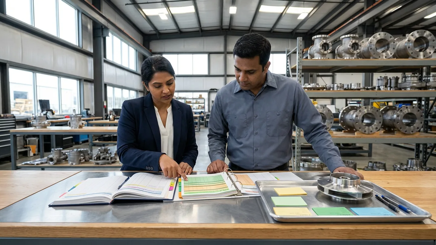 Indian female oilfield materials-traceability coordinator in a navy blazer over a white blouse and male mechanical overhaul supervisor in a slate-grey collared work shirt standing at a warm oak and brushed-steel review table in a high-bay rotating-equipment overhaul workshop before heavy-duty shelving holding machined stainless-steel valve bodies and flanged spool pieces, comparing an open hardbound serialised repairable-spares issue and refurbishment register with colour-coded index tabs against an open ring binder of overhaul acceptance checklists with green and amber status blocks alongside a stainless-steel tray holding a machined stainless-steel closed pump impeller, plain yellow, green, and blue status cards, and pens.