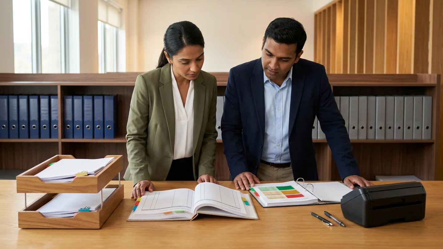 Indian female RFQ intake coordinator in an olive-green blazer over a white blouse and male technical-specification reviewer in a navy blazer over a light-blue collared shirt standing at a warm oak review table before walnut shelving filled with rows of navy and grey technical-dossier lever-arch files and vertical timber wall slats, comparing an open hardbound RFQ intake and extraction-verification register with colour-coded index tabs against an open ring binder of human-review field validation checklists with green, amber, and red status blocks alongside a two-tier wooden intake tray holding white RFQ document packets with colour-coded binder clips, an unbranded matte-black desktop document scanner, and two pens.