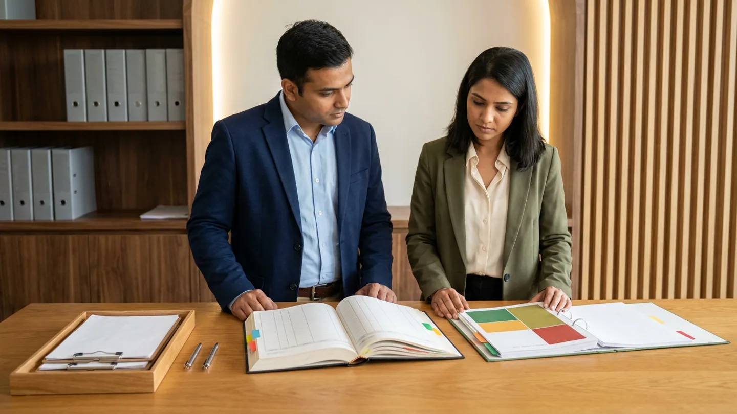 Indian male service-contract controller in a navy blazer over a light-blue collared shirt and female accounts-payable verification lead in an olive-green blazer over a cream blouse standing at a wide warm oak review table before walnut shelving units filled with plain grey lever-arch files and vertical timber wall slats, comparing an open hardbound service-entry-sheet approval and measurement-evidence register with colour-coded index tabs against an open ring binder of completion-certificate, timesheet, and inspection-signoff matrices with green, amber, and red status blocks alongside a wooden document tray holding white service-completion evidence packets on wooden clipboards, and two pens.