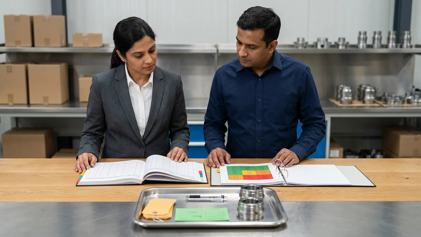 Indian female materials-receipt quality controller in a charcoal blazer over a crisp white shirt and male payables reconciliation analyst in a navy collared shirt standing at a wide oak and brushed-steel inspection table in a goods-receipt inspection and accounts-payable reconciliation bay before steel shelving holding plain kraft cartons and machined stainless-steel couplings and flanges, comparing an open hardbound three-way purchase-order, goods-receipt, and supplier-invoice matching register with colour-coded index tabs against an open ring binder of partial-delivery and technical-hold disposition matrices with green, amber, and red status blocks alongside a stainless-steel inspection tray holding plain amber hold tags, green release cards, two pens, and two machined stainless-steel pipe couplings.