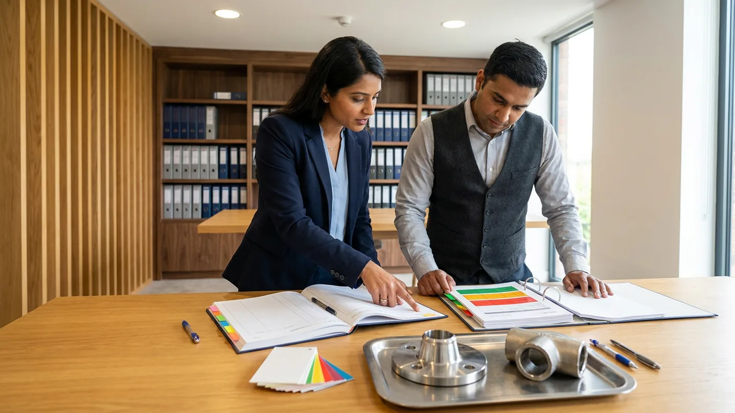 Indian female oil-and-gas vendor-qualification lead in a navy blazer over a light-blue blouse and male materials-assurance engineer in a charcoal waistcoat over a grey collared shirt standing at a warm oak review table before walnut shelving filled with rows of navy and grey vendor-dossier lever-arch files and vertical timber slats, comparing an open hardbound approved-manufacturer scope and site-qualification register with colour-coded index tabs against an open ring binder of commodity-grade approval matrices with green, amber, and red status blocks alongside a stainless-steel tray holding a machined stainless-steel weld-neck flange and forged pipe tee, a fanned stack of plain colour-coded qualification cards, and pens.