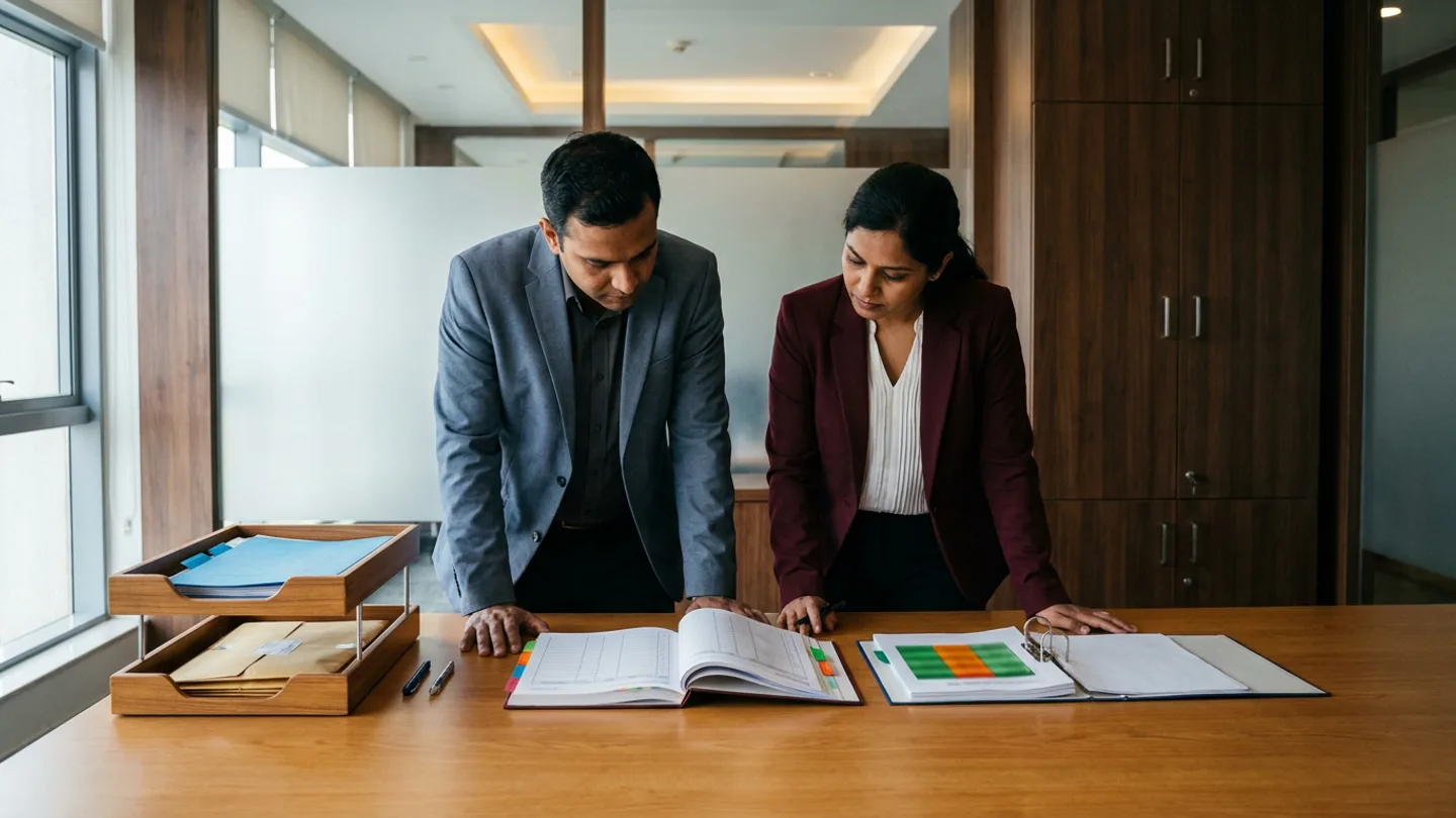 Indian male rotating-equipment technical evaluator in a slate-grey blazer over a charcoal shirt and female commercial procurement manager in a burgundy blazer over a pleated cream blouse standing at a warm oak review table before a frosted glass partition and walnut wall cabinetry, comparing an open hardbound two-stage technical-compliance and commercial bid-tabulation register with colour-coded index tabs against an open ring binder of metallurgy and interchangeability matrices with green, amber, and red status blocks alongside a two-tier wooden tray holding blue technical bid folders on the top tier and sealed kraft commercial envelopes on the lower tier, and pens.