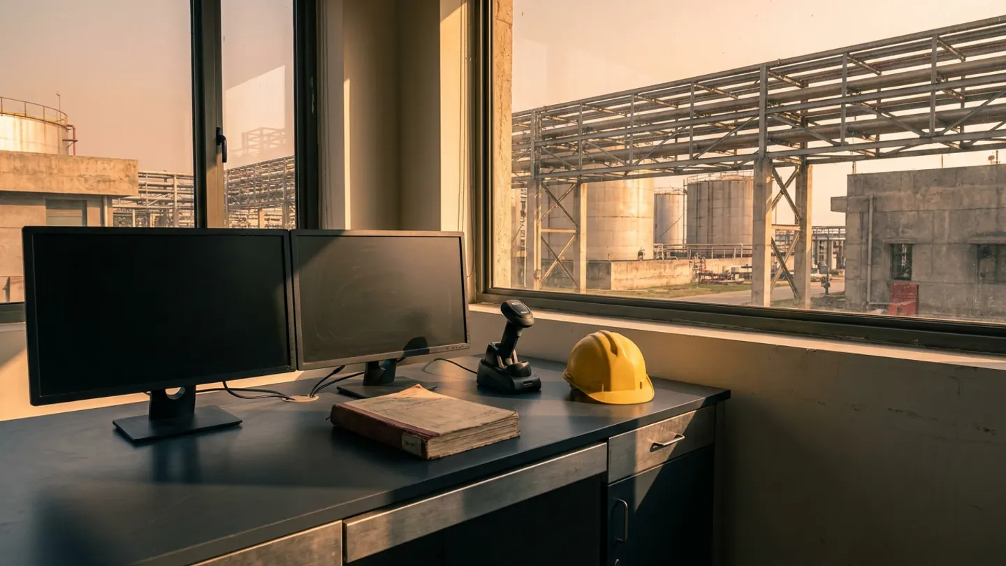 Industrial control-room desk with two dark monitors, a bound logbook, a handheld barcode scanner in its cradle, and a yellow safety helmet overlooking structural steel pipe racks and cylindrical storage tanks in warm late-afternoon light.