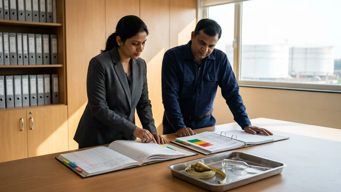 Indian female terminal stock-accounting controller in a charcoal blazer over a grey blouse and male tank-gauging supervisor in a navy collared work shirt standing at a wide warm oak review table before oak storage cabinets holding plain grey binders and a window looking out toward white cylindrical storage tanks in daylight, comparing an open hardbound tank-dip, pipeline-receipt, and temperature-density volume reconciliation register with colour-coded index tabs against an open ring binder of opening-stock, movement-batch, and prior-period correction matrices with green, amber, and red status blocks alongside a stainless-steel tray holding a brass tank-gauging plumb bob with coiled dip tape and a clear glass hydrometer.