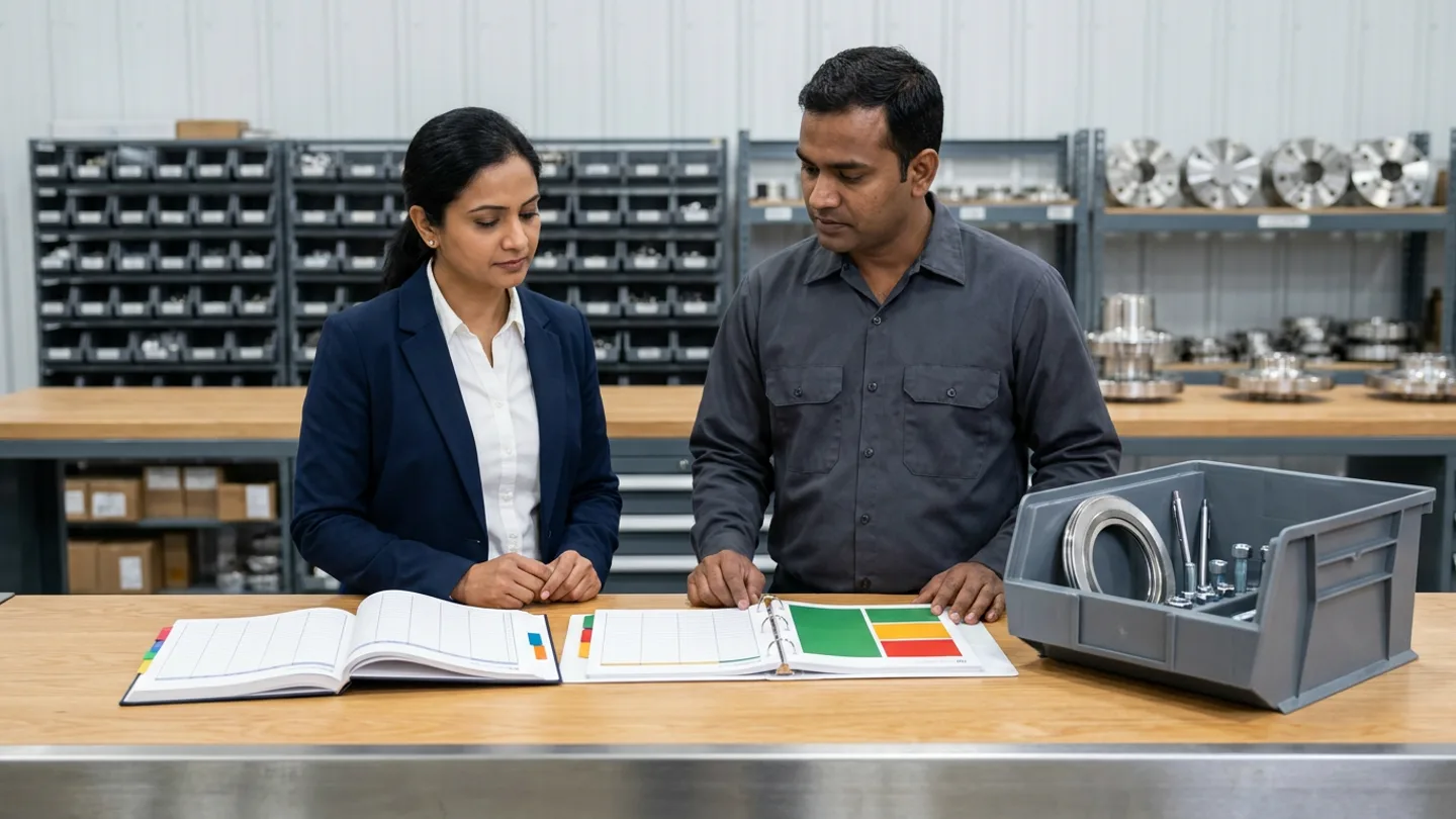 Indian female turnaround readiness manager in a navy blazer over a crisp white shirt and male mechanical kitting lead in a charcoal collared work shirt standing at a wide oak and brushed-steel staging table in an oil-and-gas turnaround staging and kitting bay before industrial kitting racks holding compartmentalised storage bins and stainless-steel blind flanges, comparing an open hardbound turnaround work-package readiness register with colour-coded index tabs against an open ring binder of kitted-material, gasket, bolting, and lifting-gear verification matrices with green, amber, and red status blocks alongside a heavy-duty grey kitting tote containing a spiral-wound stainless-steel flange gasket, machined stud bolts with nuts, and two metal pens.
