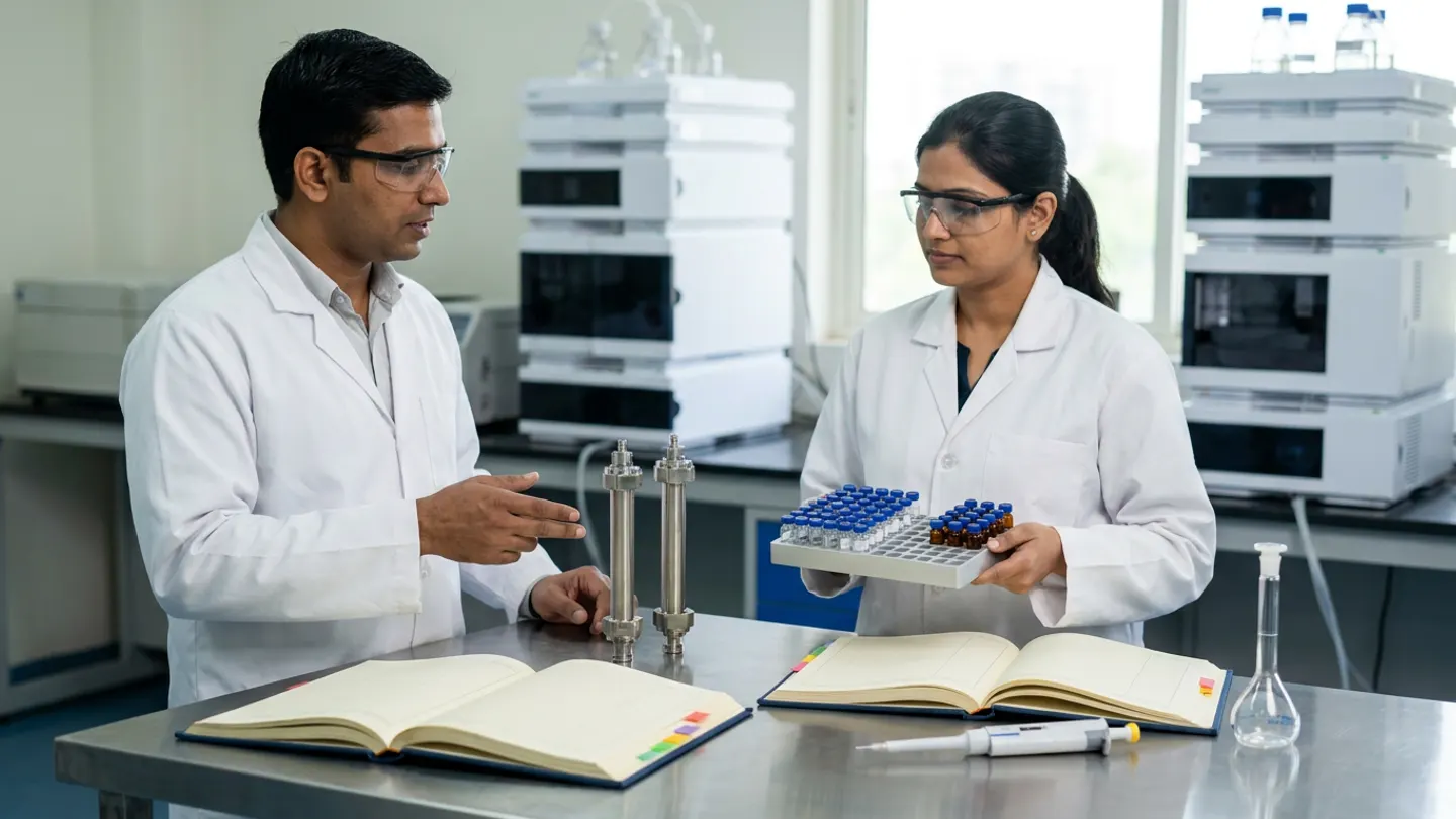 Two Indian analytical chemists in white laboratory coats and safety glasses examining two stainless-steel HPLC column housings and an autosampler vial tray beside open hardbound method-transfer registers and modular liquid chromatography systems.