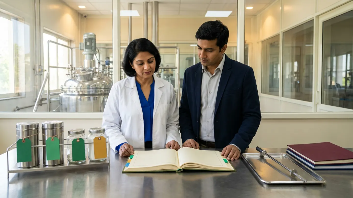 In a sunlit glass-walled Indian active pharmaceutical ingredient batch-genealogy and lot-traceability review office overlooking a clean stainless-steel chemical synthesis reactor bay, an Indian female API quality traceability manager in a white laboratory coat over a royal-blue blouse and a male process operations engineer in a navy blazer over a pale-grey shirt stand at a brushed stainless-steel counter behind an open olive-green cloth-bound API lot-genealogy and blend-reconciliation register with green, amber, and sky-blue index tabs, flanked on the left by a stainless-steel rack holding two cylindrical stainless-steel API split-lot canisters and two clear glass crystallization jars tied with three blank emerald-green tags and one blank amber-gold tag, and on the right by a stainless-steel sampling thief rod on a tray beside two stacked cloth-bound registers in burgundy and navy.