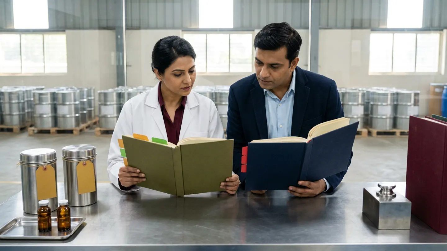 In a sunlit glass-walled Indian pharmaceutical API and excipient retest-control office overlooking a clean GMP raw-material drum storage bay, an Indian female API quality control lead in a white laboratory coat over a burgundy blouse and a male materials inventory controller in a navy blazer over a light-blue shirt stand at a brushed stainless-steel table comparing two open cloth-bound registers side by side—an olive-green API retest-extension register with amber and green index tabs on the left and a navy finished-product expiry register with red index tabs on the right—flanked by two sealed brushed stainless-steel API sample canisters tied with blank amber-gold retest tags and two sealed amber-glass reference vials on a stainless tray on the left, and a brushed steel analytical calibration weight block beside an upright burgundy stability dossier on the right.