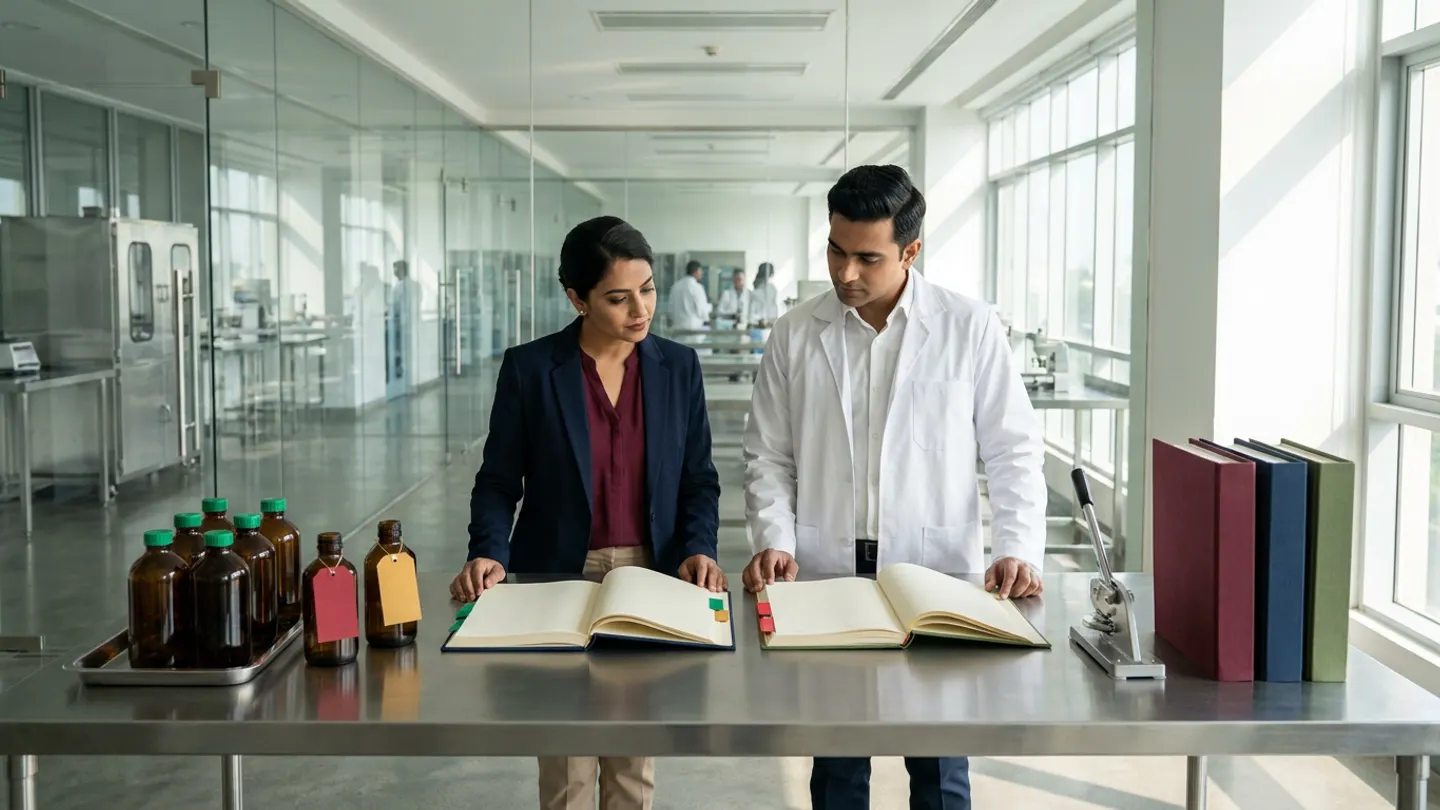 In a sunlit glass-walled Indian pharmaceutical Annual Product Quality Review governance and batch-population reconciliation office overlooking a clean formulation and quality-assurance corridor, an Indian female QA annual product quality review lead in a navy blazer over a burgundy blouse and a male manufacturing quality data analyst in a white laboratory coat over a crisp white shirt stand at a brushed stainless-steel APQR reconciliation table behind two open cloth-bound registers side by side—a deep-navy annual batch-population and release-reconciliation register with emerald-green and amber-gold index tabs on the left and an olive-green open-deviation, OOS, and change-control review ledger with crimson-red index tabs on the right—flanked on the left by a brushed stainless-steel annual retain-sample reconciliation tray holding six sealed amber glass commercial batch retain bottles with green caps alongside two separated amber glass investigation retain bottles tied with blank crimson-red and amber-gold tags, and on the right by a brushed steel mechanical seal press beside three upright cloth-bound annual product quality review dossiers in burgundy, deep navy, and olive green.
