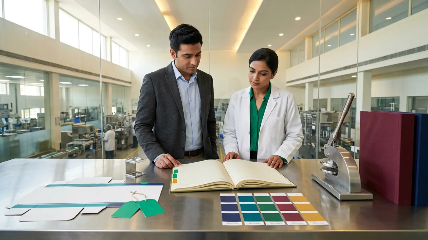 In a sunlit glass-walled Indian pharmaceutical packaging artwork-control and proof-verification room overlooking a clean secondary packaging hall, an Indian male regulatory artwork control manager in a charcoal blazer over a light-blue shirt and a female packaging quality assurance specialist in a white laboratory coat over an emerald-green blouse stand at a brushed stainless-steel proof-inspection table behind an open olive-green cloth-bound master artwork version-control register with green and amber index tabs and five colour-band swatch strips in navy, teal, emerald green, burgundy, and amber gold, flanked on the left by a brushed aluminium optical magnifier loupe and unfolded white die-cut carton flats with teal-and-navy colour-band borders and two blank emerald-green tags, and on the right by a brushed steel mechanical embossing press beside two upright cloth-bound packaging specification dossiers in burgundy and navy.
