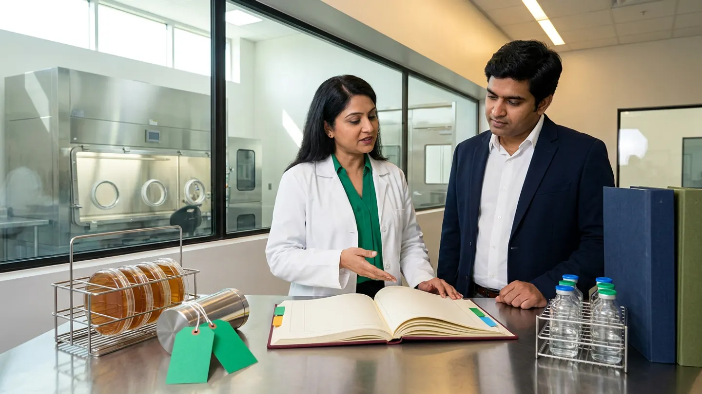 In a sunlit glass-walled Indian sterile pharmaceutical microbiology and contamination-control strategy review office overlooking a stainless-steel Grade A/B glove-port aseptic isolator suite, an Indian female sterile quality assurance lead in a white laboratory coat over an emerald-green blouse and a male pharmaceutical microbiologist in a navy blazer over a crisp white shirt stand at a brushed stainless-steel review bench behind an open burgundy cloth-bound aseptic contamination-control and environmental-monitoring register with green, amber, and sky-blue index tabs, flanked on the left by a stainless-steel wire carrier holding five sealed amber-agar settle plates and a cylindrical stainless-steel air-sampler canister tied with two blank emerald-green tags, and on the right by a wire rack of six clear glass media-fill vials with blue and green caps beside two upright cloth-bound sterile validation dossiers in navy and olive green.