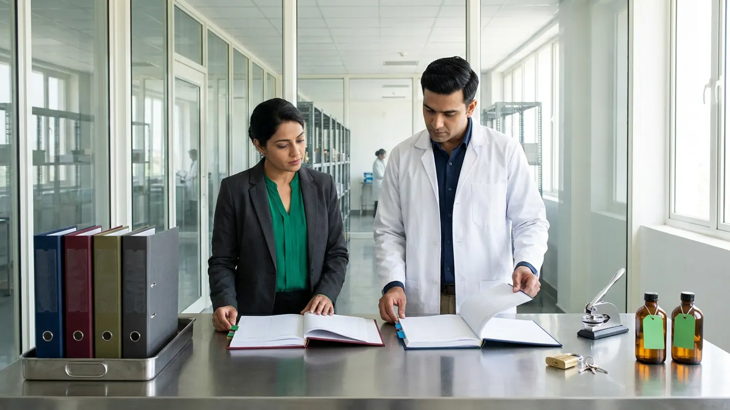 In a sunlit glass-walled Indian pharmaceutical GMP regulatory-inspection war room and audit-evidence retrieval office overlooking a clean quality-assurance archive and analytical corridor, an Indian female director of regulatory compliance and GMP audit readiness in a charcoal blazer over an emerald-green blouse and a male QA document-control and archive lead in a white laboratory coat over a deep-navy shirt stand at a brushed stainless-steel audit-readiness table behind two open cloth-bound registers side by side—a burgundy GMP audit-request index and SOP effective-version register with emerald-green and amber-gold index tabs on the left and a deep-navy authoritative batch-record and training-qualification retrieval ledger with sky-blue index tabs on the right—flanked on the left by a brushed stainless-steel archive retrieval tray holding four upright colour-coded cloth-bound master batch and SOP binders in deep navy, burgundy, olive green, and charcoal, and on the right by a brass archive vault padlock with keys and a brushed steel mechanical seal press beside two sealed amber glass reference retain bottles tied with blank emerald-green tags.