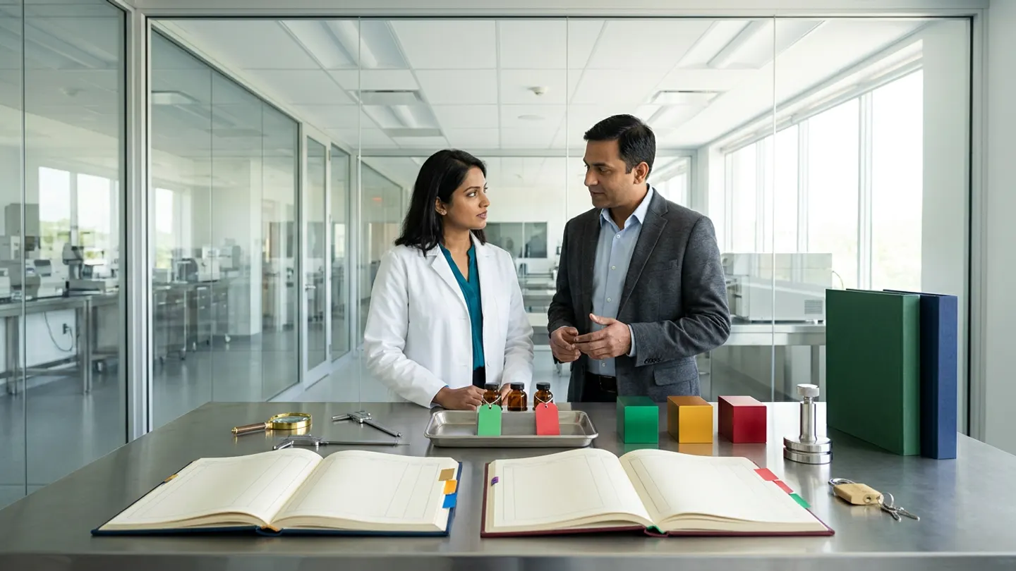 In a sunlit glass-walled Indian pharmaceutical GxP audit-trail review and analytical governance room overlooking a clean stainless-steel QC analytical laboratory corridor, an Indian female senior QA data-integrity reviewer in a white laboratory coat over a deep teal blouse and a male analytical QC laboratory supervisor in a charcoal-grey blazer over a light-blue dress shirt stand at a brushed stainless-steel review table behind two open cloth-bound registers side by side—a deep-navy chronological event-sequence and filter-scope register with amber-gold and royal-blue index tabs on the left and a burgundy late-change exception and accountable follow-up verification ledger with crimson-red and emerald-green index tabs on the right—flanked on the left by a brass-rimmed optical glass loupe and two pairs of stainless-steel precision callipers, in the centre by a brushed stainless-steel tray holding three sealed amber glass chromatography vials with blank emerald-green and crimson-red card tags beside three solid-colour anodized aluminium chronological review status blocks in emerald green, amber gold, and crimson red, and on the right by a brushed steel screw-press seal, a brass padlock with keys, and two upright cloth-bound batch release master dossiers in forest green and deep navy.