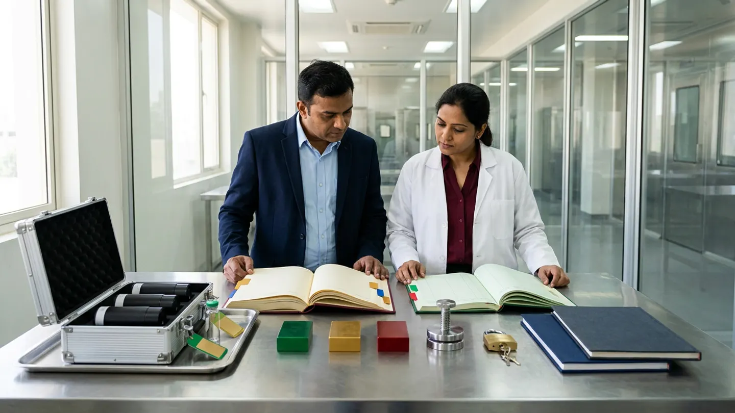 In a sunlit glass-walled Indian pharmaceutical GxP backup-restore validation and outage-work reconciliation room overlooking a clean stainless-steel analytical and archival corridor, an Indian male QA archival-integrity lead in a deep-navy blazer over a light-blue dress shirt and a female CSV and record-restoration validation engineer in a white laboratory coat over a burgundy blouse stand at a brushed stainless-steel verification table behind two open cloth-bound registers side by side—a burgundy restored-record completeness, attachment, and audit-history verification register with amber-gold and royal-blue index tabs on the left and a forest-green outage-window manual-record reconciliation and recovery-point verification ledger with emerald-green and crimson-red index tabs on the right—accompanied on the left by an open brushed-aluminium archival media vault case on a stainless-steel tray holding three matte-black cylindrical archival storage cartridges and a sealed clear glass retention vial with blank emerald-green and amber-gold tags, and in the centre-right by three solid-colour anodized aluminium restoration-verification blocks in emerald green, amber gold, and crimson red, a brushed steel screw-press seal, a brass padlock with keys, and two stacked cloth-bound archival master dossiers in deep navy and charcoal grey.