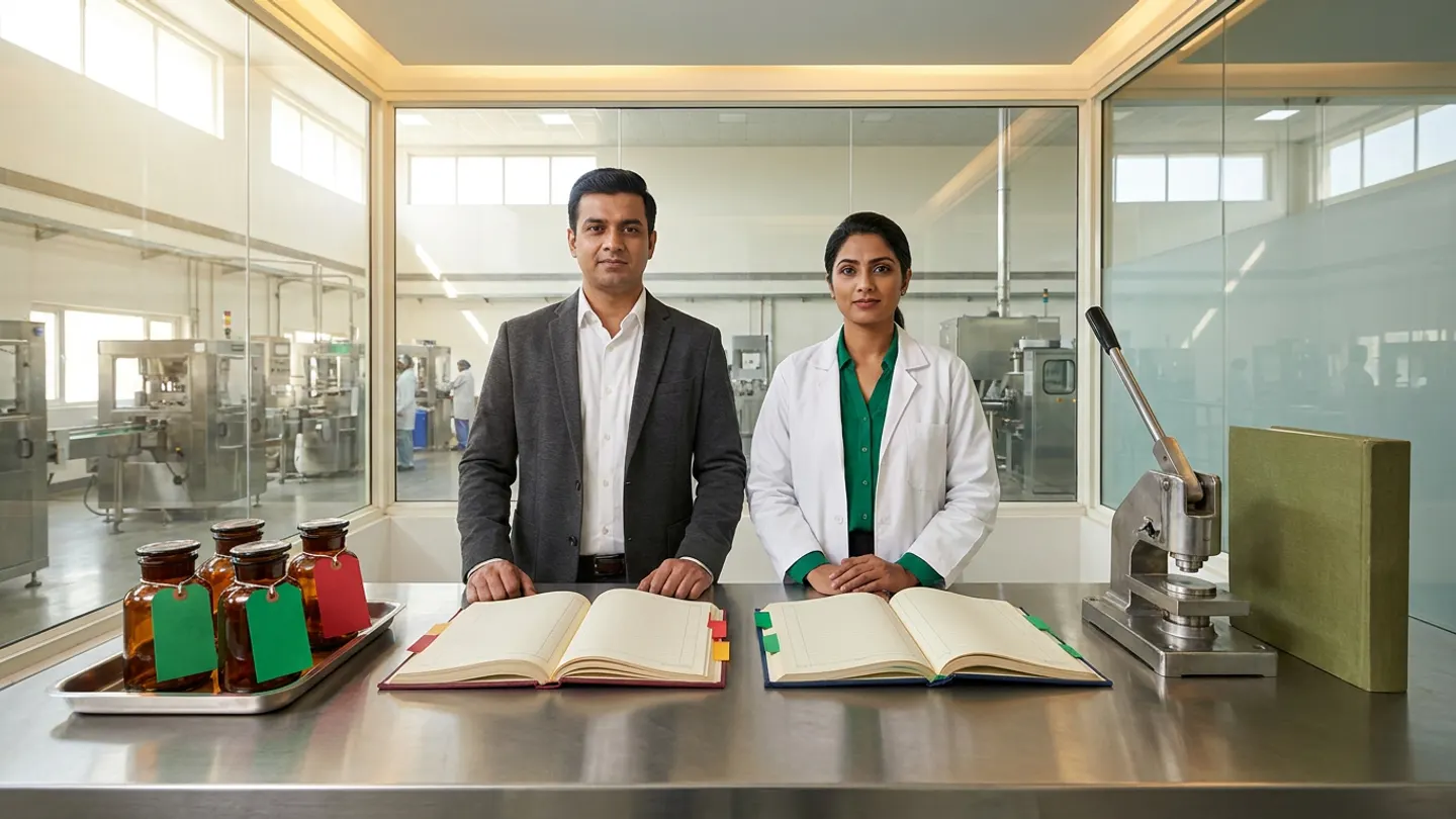 In a sunlit glass-walled Indian pharmaceutical Quality Assurance batch-release and exception-review office overlooking a clean stainless-steel solid-dosage compression corridor, an Indian male Quality Assurance Qualified Person in a charcoal blazer over a crisp white shirt and a female batch-release review specialist in a white laboratory coat over an emerald-green blouse stand at a brushed stainless-steel review table behind two open cloth-bound registers side by side—a burgundy batch-exception review register with crimson and amber index tabs on the left and a navy master batch verification ledger with green index tabs on the right—flanked on the left by a stainless-steel tray holding four sealed amber glass tablet retain bottles tied with blank emerald-green and crimson-red tags, and on the right by a heavy brushed steel mechanical seal press beside an upright olive-green release dossier.