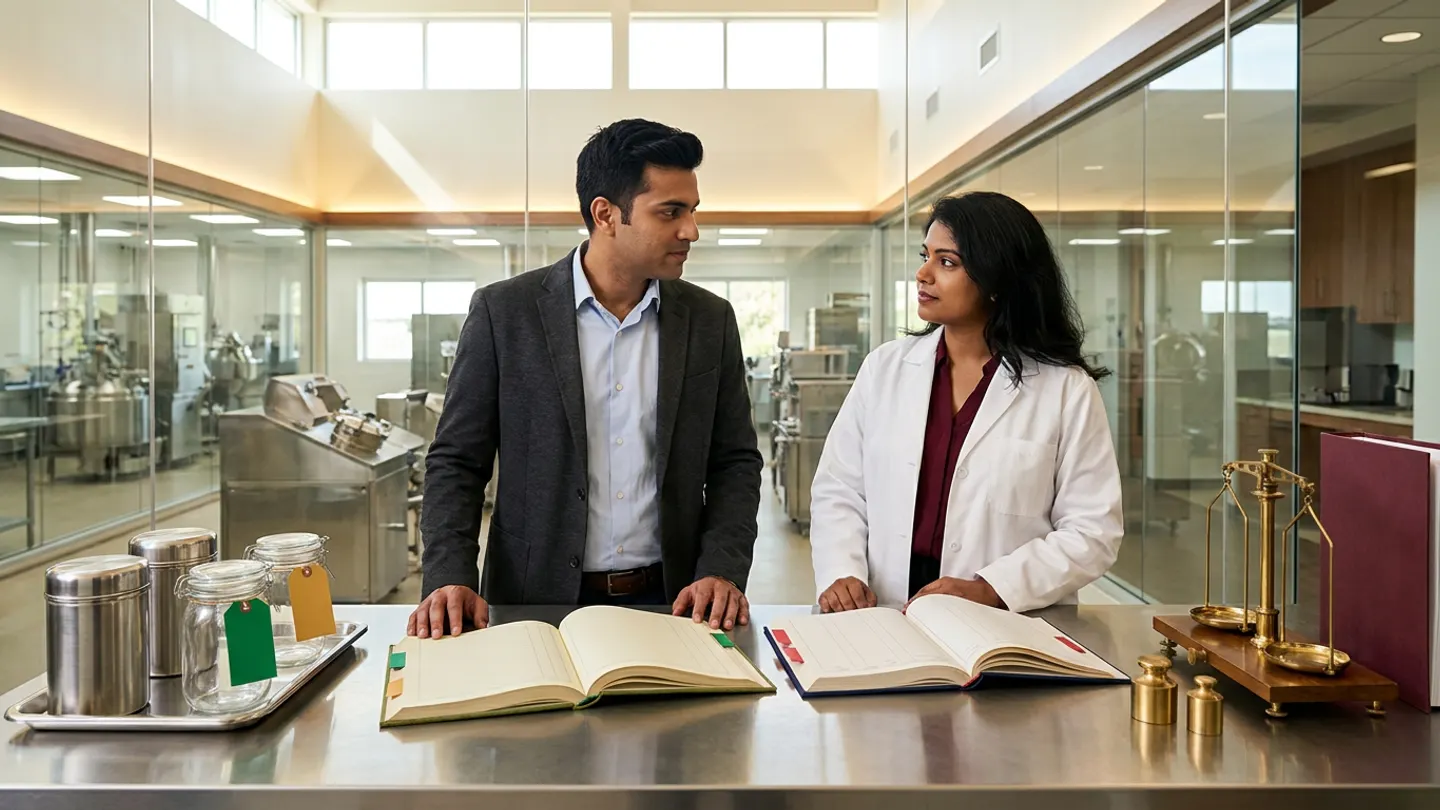 In a sunlit glass-walled Indian pharmaceutical technical services and batch-yield reconciliation office overlooking a clean stainless-steel granulation and tablet-coating suite, an Indian male MS&T process engineer in a charcoal blazer over a pale-blue shirt and a female production quality analyst in a white laboratory coat over a burgundy blouse stand at a brushed stainless-steel reconciliation table behind two open cloth-bound registers side by side—an olive-green stage-by-stage mass-balance and yield-reconciliation register with green and amber index tabs on the left and a navy in-process loss and sampling-deduction ledger with crimson-red index tabs on the right—flanked on the left by a stainless-steel tray holding two cylindrical stainless-steel granulation canisters and two clear glass moisture-loss jars tied with blank emerald-green and amber-gold tags, and on the right by a brass two-pan analytical balance with brass weights beside an upright burgundy batch investigation dossier.