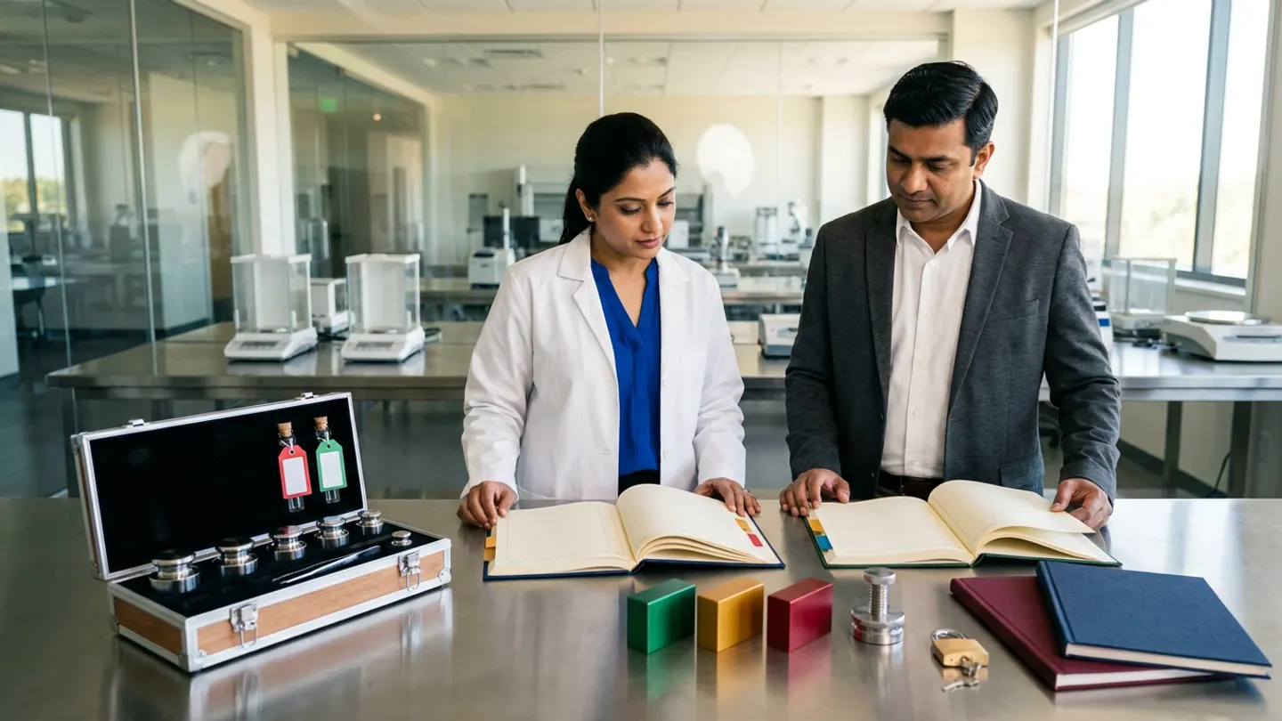 In a sunlit glass-walled Indian pharmaceutical metrology, instrument calibration, and out-of-tolerance impact assessment room overlooking a clean stainless-steel analytical balance laboratory, an Indian female metrology and calibration governance lead in a white laboratory coat over a royal-blue blouse and a male QA analytical-impact reviewer in a charcoal-grey blazer over a crisp white shirt stand at a brushed stainless-steel review table behind two open cloth-bound registers side by side—a deep-navy instrument calibration interval and tolerance-verification register with amber-gold and crimson-red index tabs on the left and a forest-green affected-measurement bracket, equipment-restriction, and authorised return-to-service ledger with emerald-green and royal-blue index tabs on the right—accompanied on the left by an open velvet-lined wooden and aluminium precision calibration case holding six mirror-polished cylindrical stainless-steel OIML reference weights, handling tweezers, and two sealed clear glass reference vials with blank crimson-red and emerald-green tags, and in the centre-right by three solid-colour anodized aluminium instrument-status blocks in emerald green, amber gold, and crimson red, a brushed steel screw-press seal, a brass padlock with keys, and two stacked cloth-bound metrology master dossiers in burgundy and deep navy.