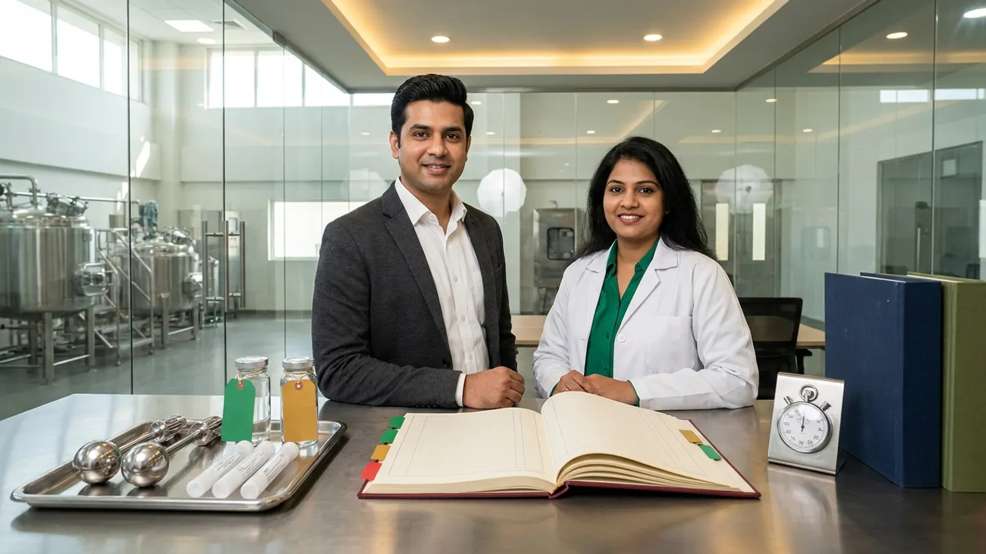 In a sunlit glass-walled Indian pharmaceutical campaign-planning and cleaning-validation governance office overlooking a clean stainless-steel multi-product granulation and CIP equipment bay, an Indian male campaign planning engineer in a charcoal blazer over a crisp white shirt and a female cleaning validation QA specialist in a white laboratory coat over an emerald-green blouse stand at a brushed stainless-steel review counter behind an open burgundy cloth-bound multi-product campaign length, dirty-hold, and clean-hold time register with green, amber, and crimson-red index tabs, flanked on the left by a stainless-steel validation tray holding two polished stainless-steel CIP spray-ball assemblies, three white TOC swab tubes, and two sealed clear glass rinse-sample vials tied with blank emerald-green and amber-gold tags, and on the right by a brushed steel mechanical stopwatch timer beside two upright cloth-bound cleaning validation dossiers in navy and olive green.