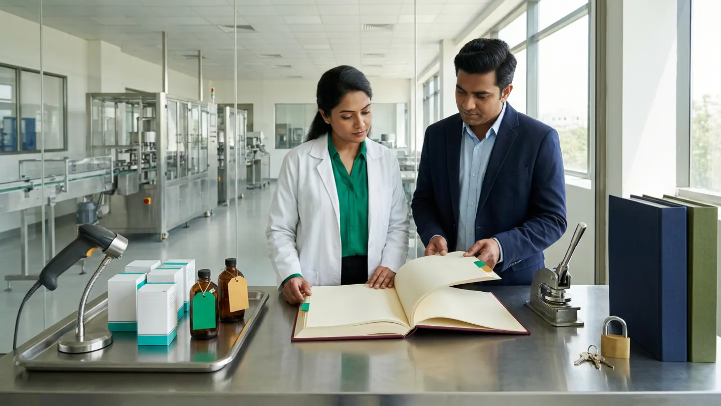 In a sunlit glass-walled Indian pharmaceutical CAPA effectiveness verification and shop-floor control testing office overlooking a clean stainless-steel packaging and dispensing corridor, an Indian female QA CAPA effectiveness lead in a white laboratory coat over an emerald-green blouse and a male packaging operations manager in a navy blazer over a light-blue shirt stand at a brushed stainless-steel verification table behind an open burgundy cloth-bound CAPA effectiveness-verification and operating-evidence register with emerald-green and amber-gold index tabs, flanked on the left by a brushed stainless-steel verification tray holding a corded industrial barcode scanner in a weighted metal cradle beside five sealed white pharmaceutical unit cartons with teal colour bands and two amber glass dispensing bottles tied with blank emerald-green and amber-gold tags, and on the right by a brushed steel mechanical seal press and a brass padlock with keys beside two upright cloth-bound CAPA closure dossiers in deep navy and olive green.
