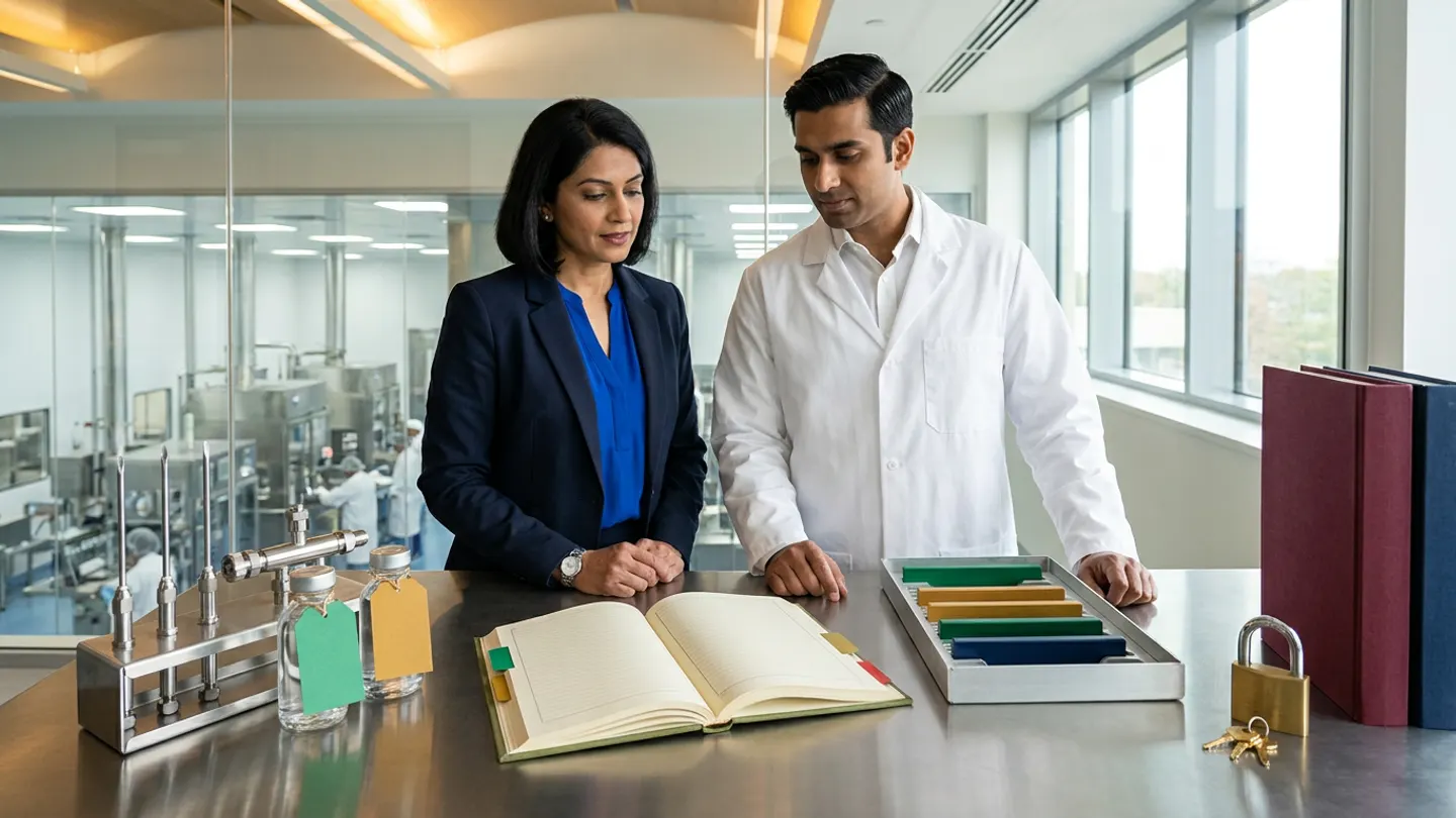 In a sunlit glass-walled Indian pharmaceutical external-manufacturing and CDMO suite-capacity coordination office overlooking a clean stainless-steel sterile vial-filling suite, an Indian female external manufacturing director in a navy blazer over a royal-blue blouse and a male CDMO technical-transfer project manager in a white laboratory coat over a crisp white shirt stand at a brushed stainless-steel planning table behind an open olive-green cloth-bound CDMO slot-reservation and technical-readiness register with green, amber, and crimson-red index tabs alongside a brushed aluminium multi-slot campaign tray holding solid-colour slot bars in emerald green, amber gold, and deep navy, flanked on the left by a stainless-steel carrier holding three polished stainless-steel filling needles, a manifold assembly, and two sealed clear glass tech-transfer reference vials tied with blank emerald-green and amber-gold tags, and on the right by a brass padlock with keys beside two upright cloth-bound CDMO master production dossiers in burgundy and navy.