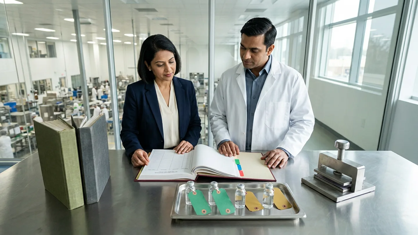 In a sunlit glass-walled Indian pharmaceutical external-manufacturing governance room overlooking a sterile vial packaging hall, an Indian female pharmaceutical external quality director in a dark-navy blazer over an ivory blouse and a male CDMO operations manager in a white laboratory coat over a slate-blue shirt stand at a brushed stainless-steel conference table comparing an open burgundy cloth-bound quality agreement responsibility register with coloured index tabs against a stainless-steel batch-release sample tray holding four sealed clear-glass parenteral vials tied with blank emerald-green and amber-gold tags, flanked by two upright cloth-bound technical-transfer binders in olive green and charcoal grey on the left and a brushed steel document stamp press on the right.