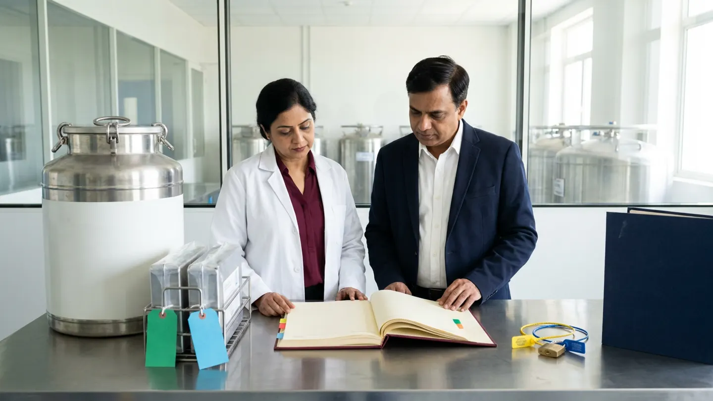 In a sunlit glass-walled Indian cell-and-gene therapy cryogenic chain-of-identity and apheresis custody room overlooking a GMP cryogenic Dewar staging laboratory, an Indian female cell-therapy quality assurance specialist in a white laboratory coat over a burgundy blouse and a male clinical logistics chain-of-identity coordinator in a navy blazer over a crisp white shirt stand at a brushed stainless-steel table behind an open burgundy cloth-bound patient chain-of-identity and vein-to-vein custody register with coloured index tabs, flanked on the left by a cylindrical white-and-stainless-steel cryogenic dry-shipper Dewar flask and a wire rack holding two sealed metallic cryogenic cassettes tied with blank emerald-green and sky-blue identity tags, and on the right by yellow-and-blue cable seals with a brass padlock beside an upright navy apheresis custody dossier.