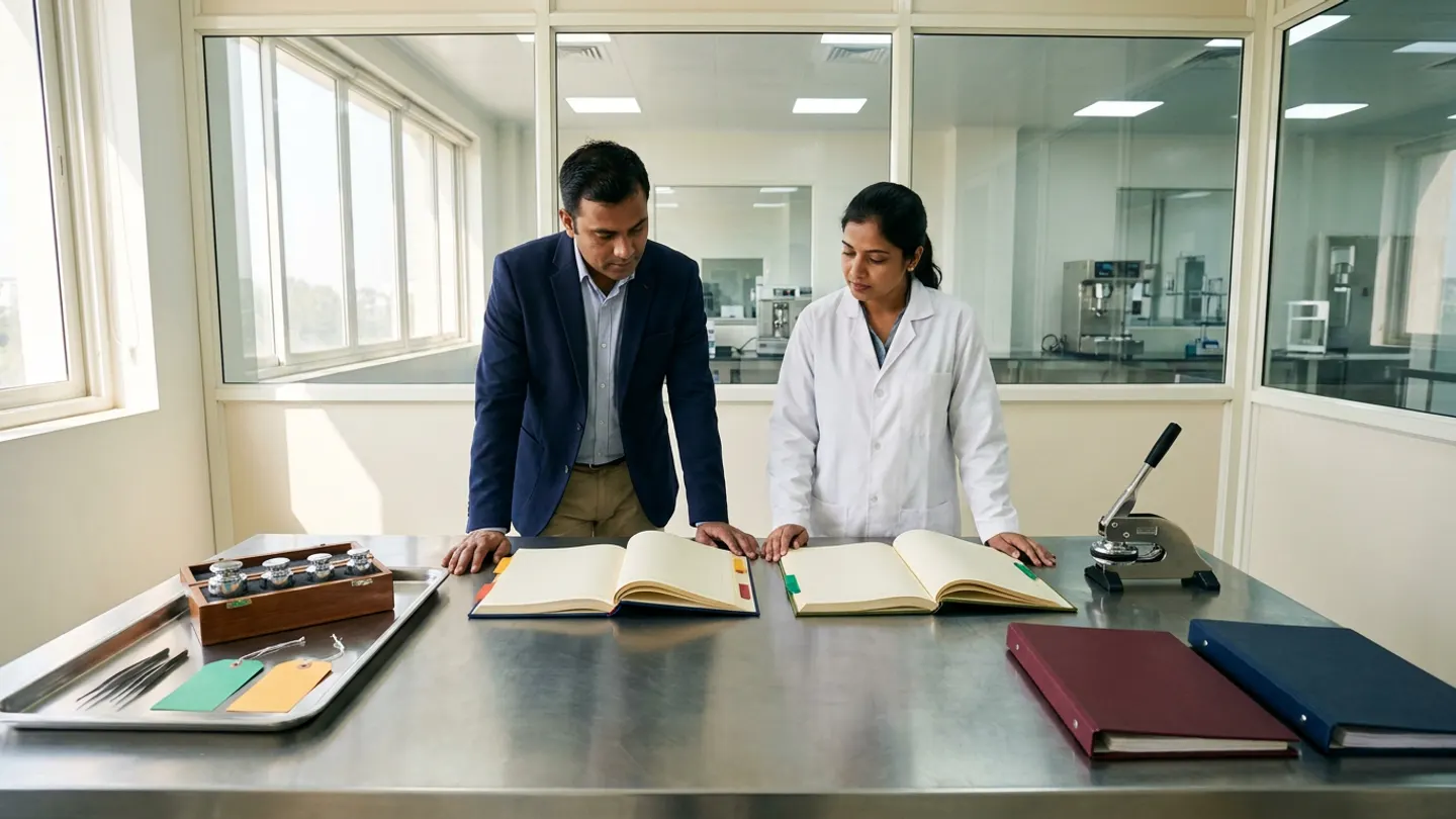 In a sunlit glass-walled Indian pharmaceutical change-control impact-assessment and qualification governance room overlooking a clean dispensing and precision-weighing suite, an Indian male engineering and validation change lead in a navy blazer over a light-blue shirt and a female QA change-control specialist in a white laboratory coat over a slate-blue blouse stand at a brushed stainless-steel review table behind two open cloth-bound registers side by side—a deep-navy equipment and validation impact-assessment register with amber-gold and crimson-red index tabs on the left and an olive-green SOP, training, and rollback readiness ledger with emerald-green index tabs on the right—flanked on the left by a brushed stainless-steel qualification tray holding an open fitted wooden case with four polished cylindrical stainless-steel reference calibration weights and stainless-steel forceps alongside two blank emerald-green and amber-gold tags, and on the right by a brushed steel mechanical seal press beside two flat cloth-bound change-control master dossiers in burgundy and deep navy.
