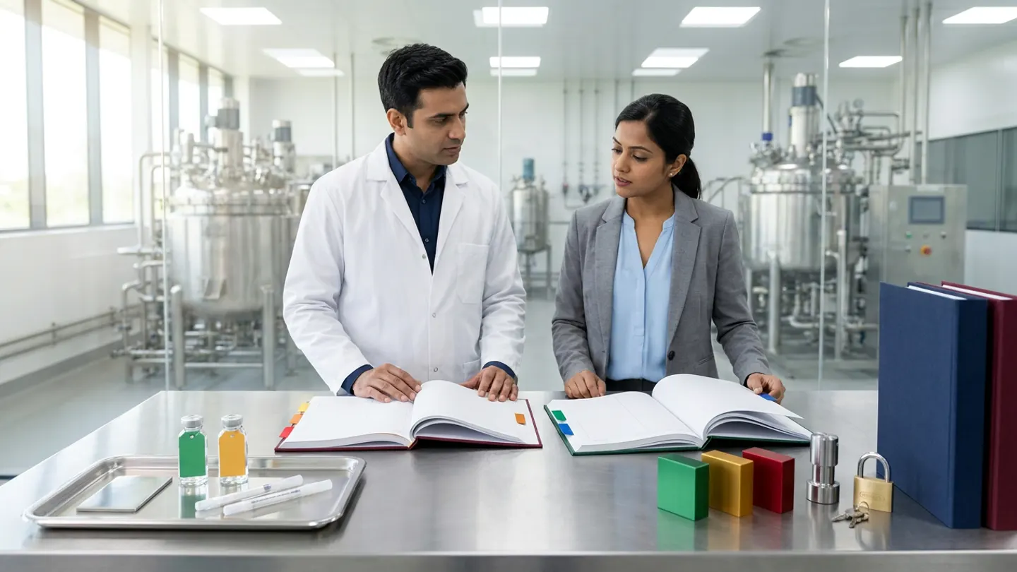 In a sunlit glass-walled Indian pharmaceutical cleaning validation and routine equipment-release governance room overlooking a clean stainless-steel multi-product formulation and CIP vessel bay, an Indian male QA cleaning-validation specialist in a white laboratory coat over a navy dress shirt and a female production equipment-readiness lead in a slate-grey blazer over a light-blue blouse stand at a brushed stainless-steel review table behind two open cloth-bound registers side by side—a burgundy product-matrix and worst-case residue limit register with amber-gold and crimson-red index tabs on the left and a forest-green routine equipment-use release and swab-rinse verification ledger with emerald-green and royal-blue index tabs on the right—accompanied on the left by a brushed stainless-steel sampling tray holding a polished 316L stainless-steel surface-sampling coupon plate, two sealed clear glass rinse-water sampling vials with blank emerald-green and amber-gold card tags, and two sterile long-handled swab tubes, and on the right by three solid-colour anodized aluminium equipment-release status blocks in emerald green, amber gold, and crimson red, a brushed steel cylindrical seal, a brass padlock with keys, and two upright cloth-bound cleaning validation master dossiers in deep navy and burgundy.
