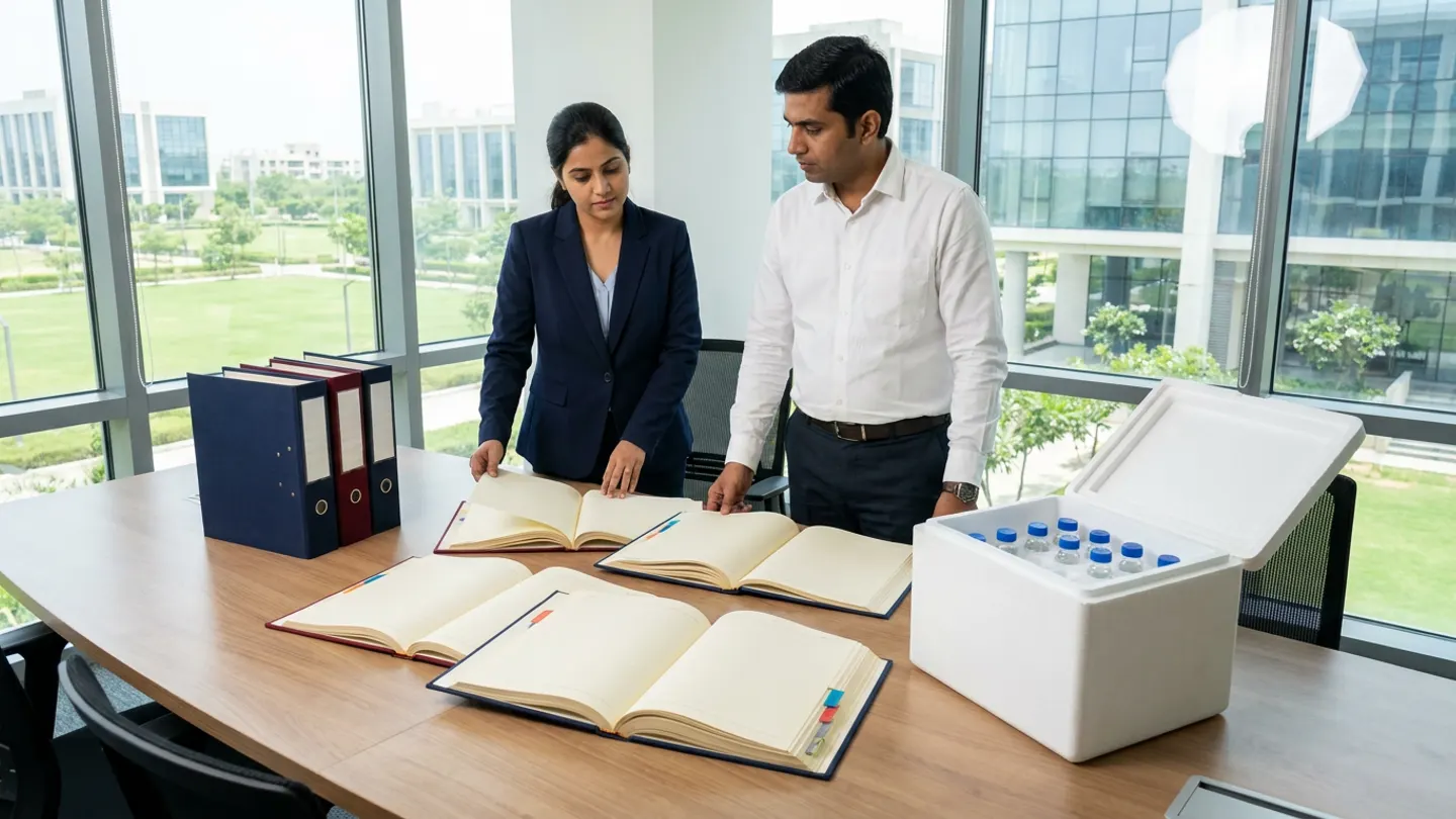 An Indian female clinical trial manager in a navy blazer and a male clinical research associate reviewing open site-readiness registers, archival binders, and an insulated clinical investigational product kit filled with study vials in a bright clinical operations room.