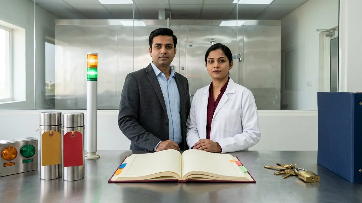 In a sunlit glass-walled Indian pharmaceutical cold-chain monitoring and alarm-escalation control office overlooking a stainless-steel walk-in cold storage vault, an Indian male cold-chain operations supervisor in a charcoal blazer over a light-blue shirt and a female pharmaceutical QA escalation lead in a white laboratory coat over a burgundy blouse stand at a brushed stainless-steel counter behind an open burgundy cloth-bound alarm-response and escalation register with coloured index tabs, flanked on the left by an illuminated amber-and-green status beacon column, two cylindrical stainless-steel probe canisters tied with blank amber-gold and crimson-red tags, and a stainless two-lamp alarm indicator module, and on the right by a brass padlock with keys beside an upright navy cold-chain SOP binder.
