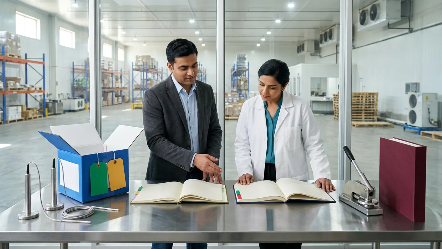 In a sunlit glass-walled Indian pharmaceutical cold-chain systems evaluation and QA governance room overlooking a refrigerated distribution warehouse bay, an Indian male pharmaceutical cold-chain systems architect in a charcoal blazer over a light-blue shirt and a female quality assurance compliance director in a white laboratory coat over a teal blouse stand at a brushed stainless-steel table comparing two open cloth-bound registers side by side—an olive-green cold-chain software RFP requirement register with coloured index tabs on the left and a navy shipment-evidence and alarm-response specification dossier with green and red index tabs on the right—flanked on the left by two upright stainless-steel temperature probe assemblies and an open blue-and-white sample shipper box tied with blank emerald-green and amber-gold tags, and on the right by a brushed steel seal press beside an upright burgundy GxP validation ledger.
