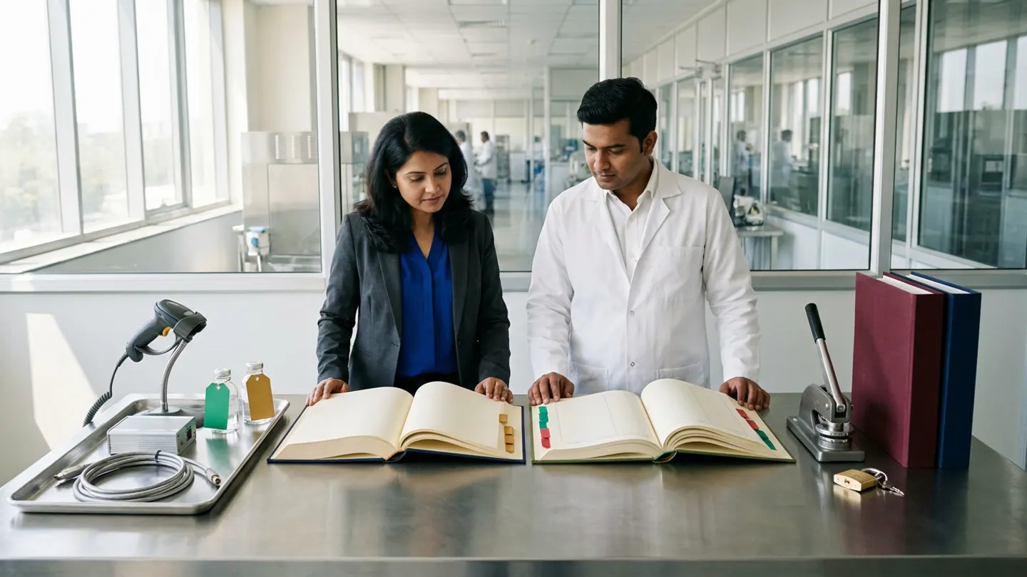 In a sunlit glass-walled Indian pharmaceutical computer system validation and GxP interface governance room overlooking a clean stainless-steel analytical and manufacturing corridor, an Indian female CSV and quality-systems validation lead in a charcoal blazer over a royal-blue blouse and a male automation and system-interface engineer in a white laboratory coat over a crisp white shirt stand at a brushed stainless-steel validation table behind two open cloth-bound registers side by side—a deep-navy intended-use and GxP decision-scope specification register with amber-gold index tabs on the left and an olive-green interface-failure, duplicate-event, and recovery-verification ledger with emerald-green and crimson-red index tabs on the right—flanked on the left by a brushed stainless-steel hardware tray holding a tethered industrial barcode scanner in its stand, an anodized aluminium serial-to-Ethernet interface module, a coiled shielded RS-232/Ethernet instrumentation cable, and two clear glass retention bottles bearing blank emerald-green and amber-gold card tags, and on the right by a brushed steel screw-press seal and a brass padlock with keys beside two upright cloth-bound validation master dossiers in burgundy and deep navy.