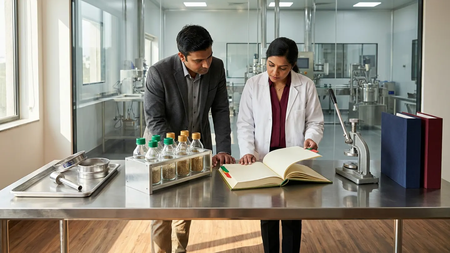 In a sunlit glass-walled Indian pharmaceutical Continued Process Verification and manufacturing-science review office overlooking a clean stainless-steel fluid-bed granulation and high-shear mixing bay, an Indian male manufacturing science and technology lead engineer in a charcoal blazer over a grey-blue shirt and a female process quality assurance specialist in a white laboratory coat over a burgundy blouse stand at a brushed stainless-steel CPV review table behind an open olive-green cloth-bound Continued Process Verification batch-population and process-capability ledger with emerald-green and crimson-red index tabs alongside a brushed aluminium multi-batch comparison rack holding eight sealed clear glass in-process granule and blend retain bottles arranged in two distinct four-bottle comparison groups with solid emerald-green and amber-gold caps, flanked on the left by a stainless-steel sampling tray holding a polished stainless-steel powder sampler and two stainless-steel test sieve rings, and on the right by a brushed steel mechanical seal press beside two upright cloth-bound process validation dossiers in deep navy and burgundy.