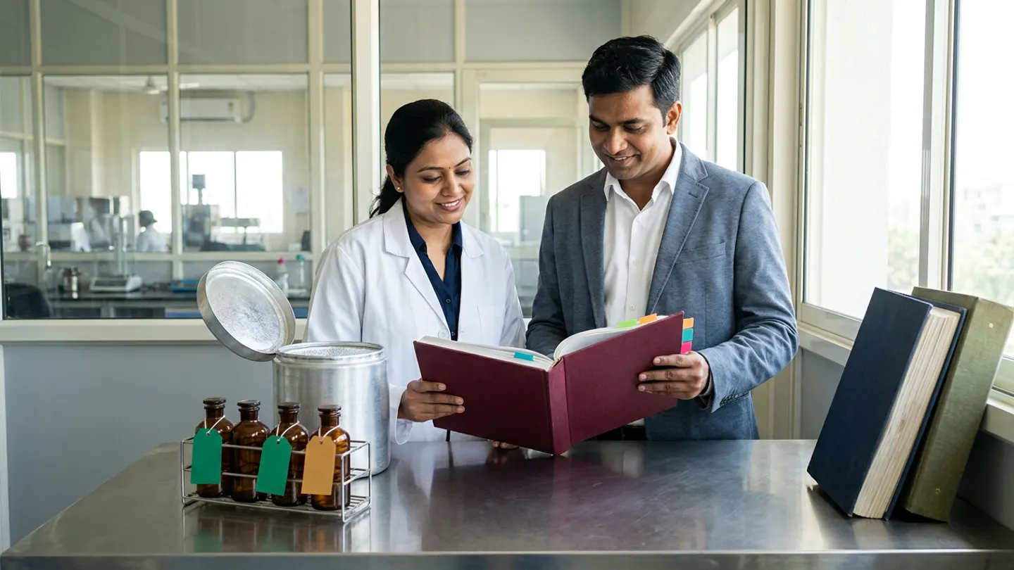 In a sunlit glass-walled Indian pharmaceutical analytical sample-custody and external-laboratory coordination room overlooking a quality control analytical laboratory, an Indian female QC sample-custody coordinator in a white laboratory coat over a dark-navy blouse and a male analytical QA reviewer in a slate-grey blazer over a crisp white shirt stand at a brushed stainless-steel table comparing an open burgundy cloth-bound contract-laboratory chain-of-custody register with coloured index tabs against an open cylindrical brushed-aluminium insulated sample transport canister and a stainless wire rack holding four sealed amber-glass analytical sample bottles tied with blank emerald-green and amber-gold custody tags on the left, flanked by two upright cloth-bound analytical method dossiers in navy and olive green on the right.