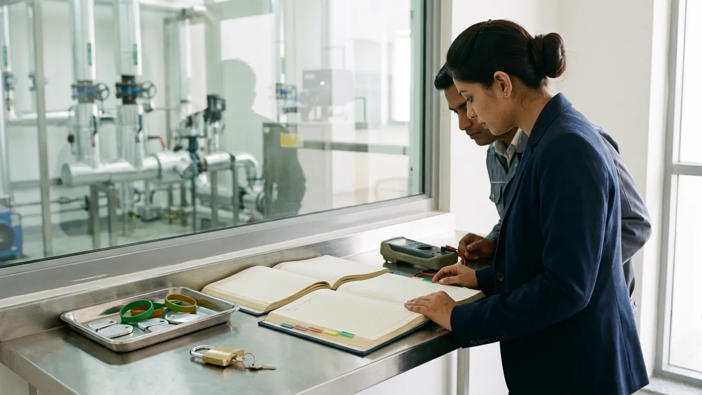 An Indian female facility sponsor in a tailored navy blazer and a male external service engineer in a slate-grey work jacket reviewing open hardbound contractor authorization registers beside a stainless-steel tray of access fobs, a brass isolation padlock, and a calibrated multimeter next to a plant utility room window.