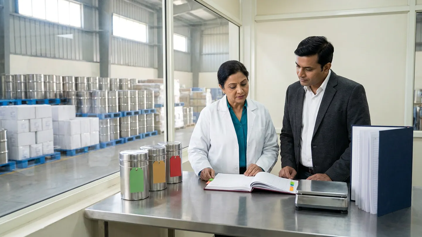 In a sunlit glass-walled Indian pharmaceutical inventory-audit office overlooking a high-bay GMP warehouse aisle with stainless-steel drums and white cartons on blue pallets, an Indian female pharmaceutical inventory controller in a white laboratory coat over a teal blouse and a male warehouse audit lead in a charcoal blazer over a crisp white shirt stand at a brushed stainless-steel counter comparing an open burgundy cloth-bound cycle-count reconciliation register with coloured index tabs against three sealed brushed stainless-steel API reference canisters tied with blank emerald-green, amber-gold, and crimson-red status tags on the left, flanked by a precision stainless-steel check-weighing platform and an upright navy cloth-bound lot-ledger on the right.
