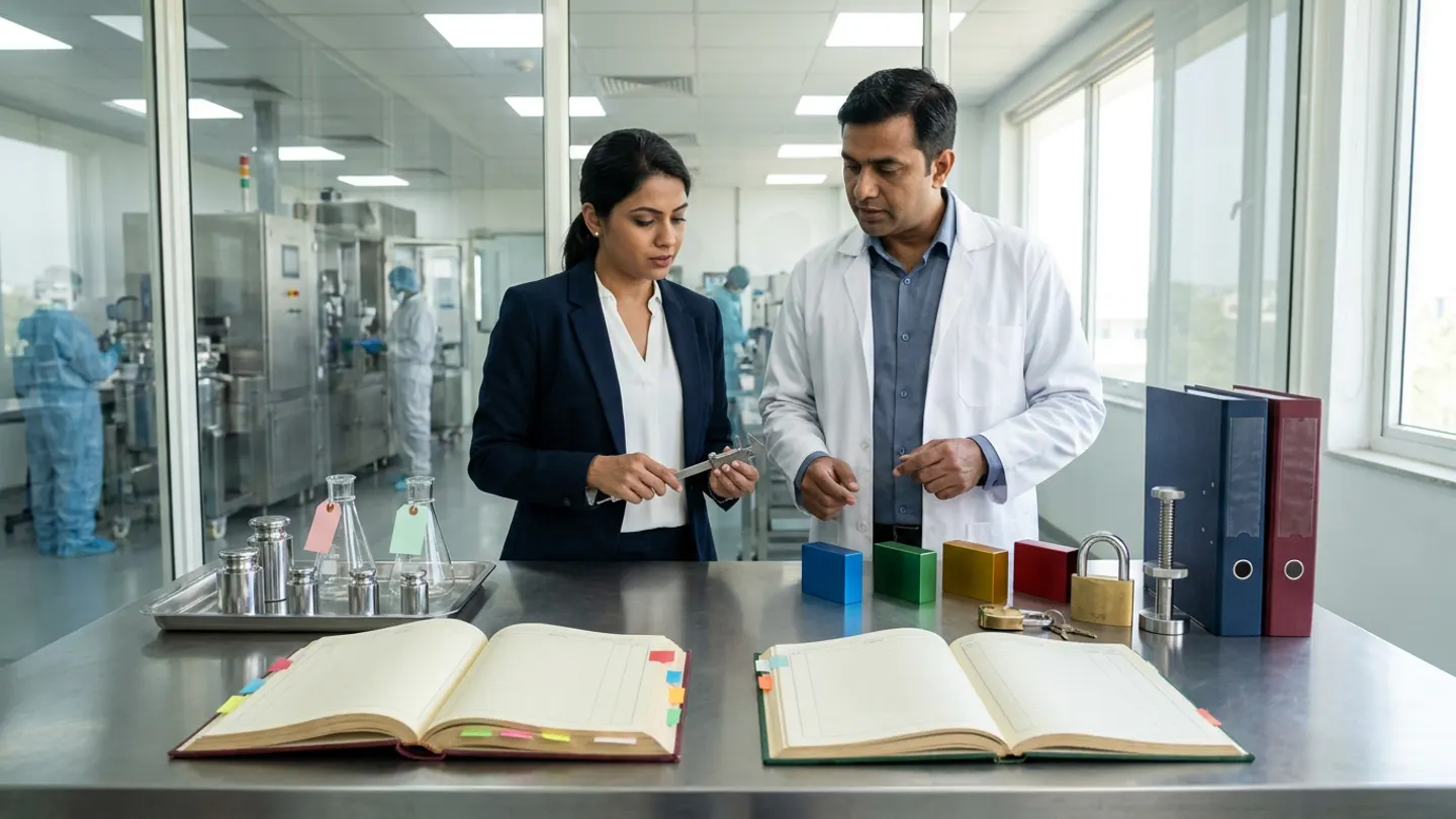 In a sunlit glass-walled Indian pharmaceutical GxP data-migration validation and cutover reconciliation room overlooking a clean stainless-steel dispensing and formulation hall, an Indian female QA data-migration lead holding stainless-steel precision callipers in a deep-navy blazer over a white blouse and a male master-data validation specialist in a white laboratory coat over a slate-blue dress shirt stand at a brushed stainless-steel reconciliation table behind two open cloth-bound registers side by side—a burgundy legacy-source record, unit-of-measure mapping, and attachment-lineage register with colourful index tabs on the left and a forest-green target-system cutover reconciliation, parent-child relationship, and open-work verification ledger with index tabs on the right—accompanied on the left by a brushed stainless-steel comparison tray holding five mirror-polished cylindrical stainless-steel mass standards beside two clear borosilicate glass conical flasks with blank coral-red and mint-green tags, and in the centre-right by four solid-colour anodized aluminium reconciliation blocks in royal blue, emerald green, amber gold, and crimson red, two brass padlocks with keys, a brushed steel screw-press seal, and two upright cloth-bound migration master dossiers in deep navy and burgundy.