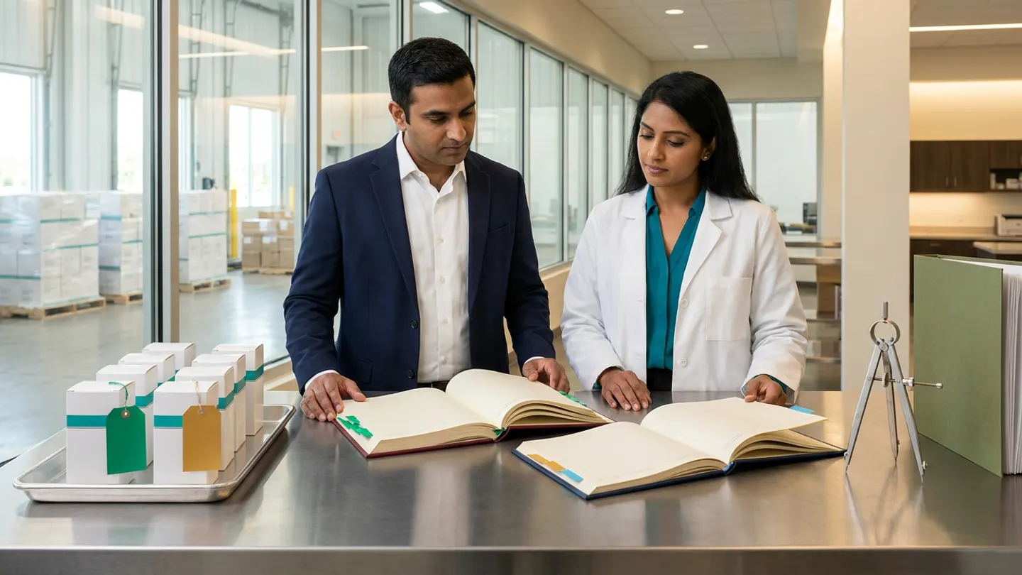 In a sunlit glass-walled Indian pharmaceutical demand-planning and channel-inventory reconciliation office overlooking a clean regional finished-goods dispatch bay with palletized white pharmaceutical cartons, an Indian male commercial demand planner in a navy blazer over a crisp white shirt and a female supply-chain distribution analyst in a white laboratory coat over a teal blouse stand at a brushed stainless-steel planning table behind two open cloth-bound registers side by side—a burgundy secondary-sales and hospital-dispensing demand register with emerald-green index tabs on the left and a navy distributor-stocking and tender-allocation ledger with amber-gold and sky-blue index tabs on the right—flanked on the left by a stainless-steel tray holding eight white pharmaceutical unit cartons with teal colour bands tied with blank emerald-green and amber-gold tags, and on the right by a brushed steel proportioning divider caliper beside an upright olive-green S&OP dossier.