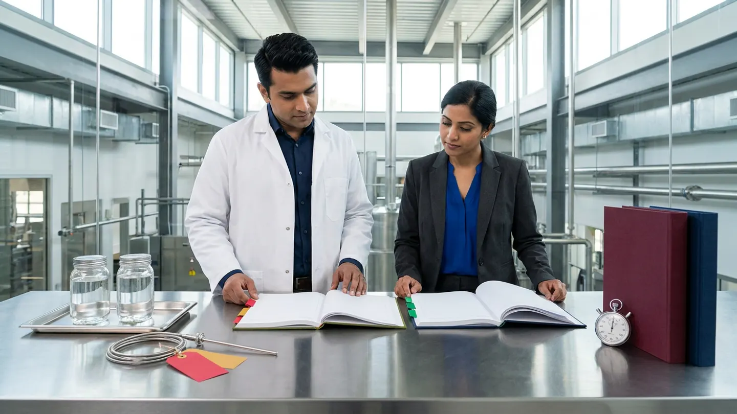In a sunlit glass-walled Indian pharmaceutical deviation-investigation and shop-floor event reconstruction room overlooking a clean stainless-steel tablet coating and granulation suite, an Indian male QA deviation investigation lead in a white laboratory coat over a deep-navy shirt and a female production shift supervisor in a charcoal blazer over a royal-blue blouse stand at a brushed stainless-steel investigation table behind two open cloth-bound registers side by side—an olive-green chronological event-timeline and affected-batch scope register with crimson-red and amber-gold index tabs on the left and a deep-navy root-cause hypothesis and containment review ledger with emerald-green index tabs on the right—flanked on the left by a brushed stainless-steel quarantine evidence tray holding two sealed clear glass in-process sample jars alongside a coiled stainless-steel RTD temperature sensor probe assembly tied with blank crimson-red and amber-gold tags, and on the right by a brushed steel mechanical stopwatch timer beside two upright cloth-bound batch investigation dossiers in burgundy and deep navy.