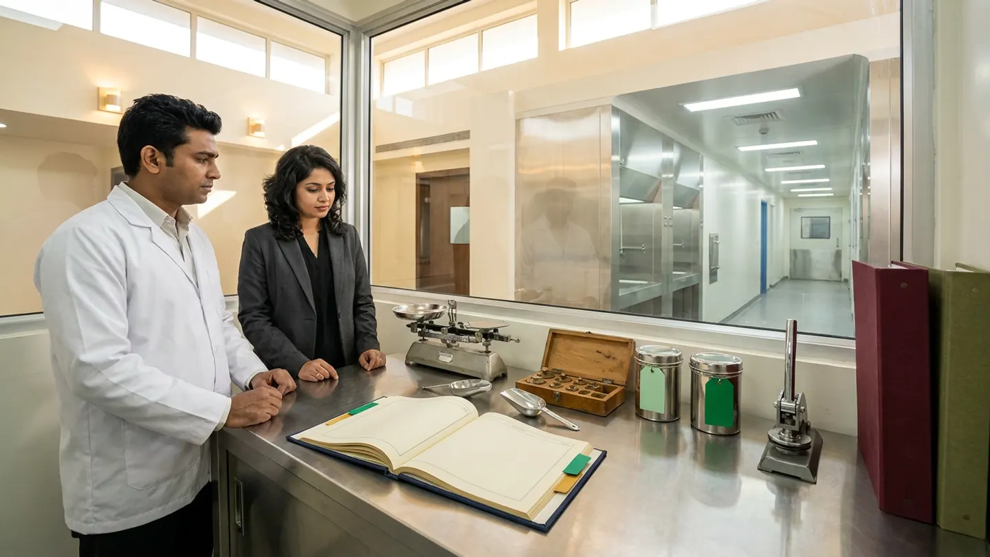 In a sunlit glass-walled Indian pharmaceutical pharmacy dispensing and precision-weighing verification room overlooking a clean stainless-steel downflow dispensing booth corridor, an Indian male pharmacy dispensing supervisor in a white laboratory coat over a light-grey shirt and a female production quality verifier in a charcoal blazer over a black blouse stand at a brushed stainless-steel weighing counter behind an open navy cloth-bound material dispensing and net-tare reconciliation register with green and amber index tabs, accompanied by a precision mechanical beam balance, an open wooden box of brass calibration weights, two stainless-steel powder scoops, two sealed stainless-steel dispensing canisters tied with blank green tags, and a brushed steel security seal press beside two upright cloth-bound dossiers in burgundy and olive green.