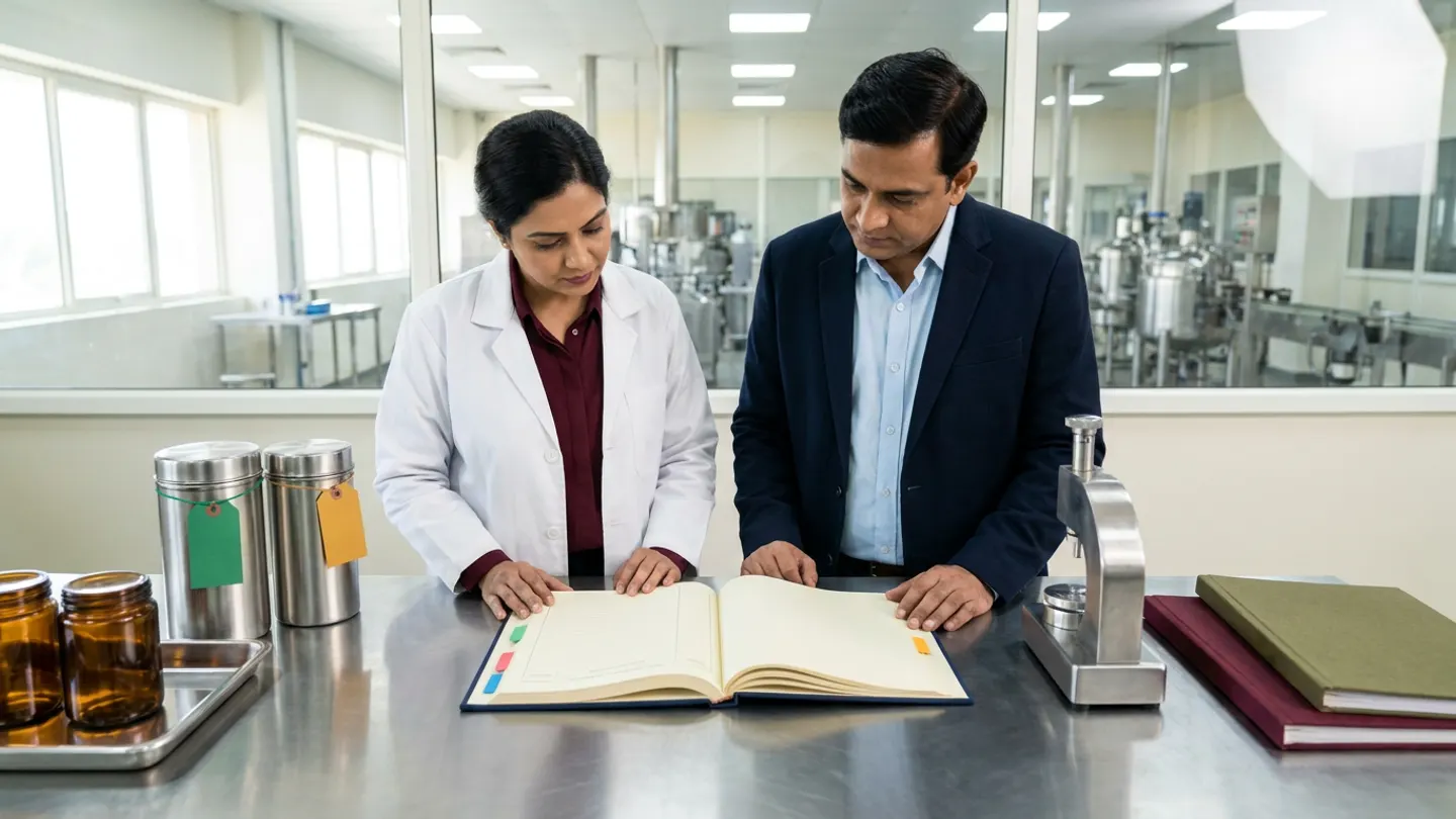 In a sunlit glass-walled Indian pharmaceutical production and batch-execution review office overlooking a clean stainless-steel granulation and compression suite, an Indian female manufacturing quality lead in a white laboratory coat over a burgundy blouse and a male production systems engineer in a navy blazer over a light-blue shirt stand at a brushed stainless-steel counter behind an open navy cloth-bound master batch execution register with coloured index tabs, flanked on the left by two cylindrical stainless-steel sample canisters tied with blank emerald-green and amber-gold tags beside two amber glass jars on a stainless tray, and on the right by a brushed steel tablet micrometer fixture beside two stacked cloth-bound registers in olive green and burgundy.