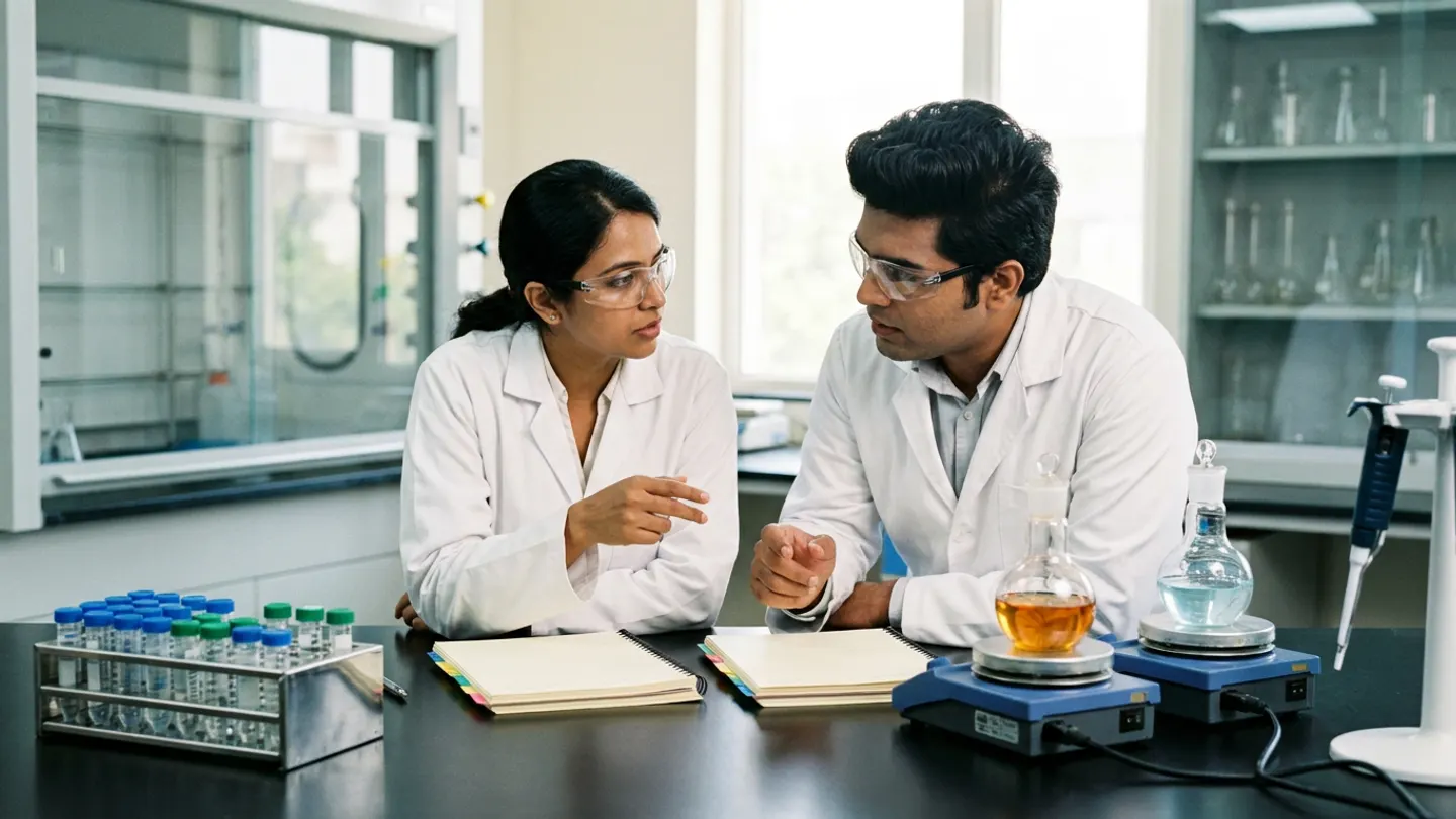 Two Indian pharmaceutical research scientists in white laboratory coats and safety glasses comparing two side-by-side experimental reaction setups with amber and pale-blue solutions on magnetic stirrers, open hardbound laboratory notebooks, and a stainless-steel rack of reference vials.