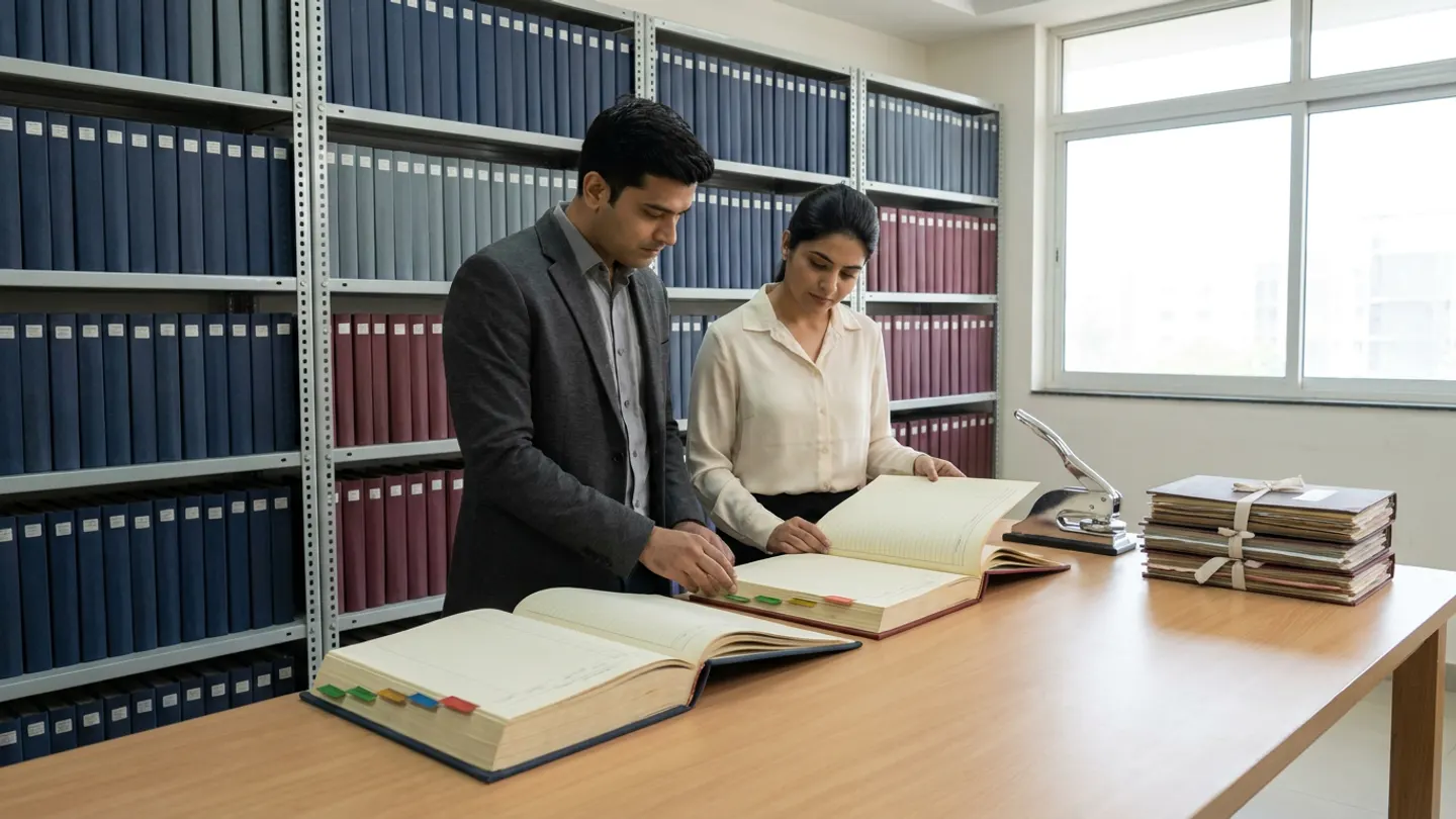 Two Indian clinical documentation specialists reviewing open hardbound trial master file registers with colored section tabs beside a chrome embossing seal press, ribbon-tied archival folders, and floor-to-ceiling shelving of cloth-bound study binders.
