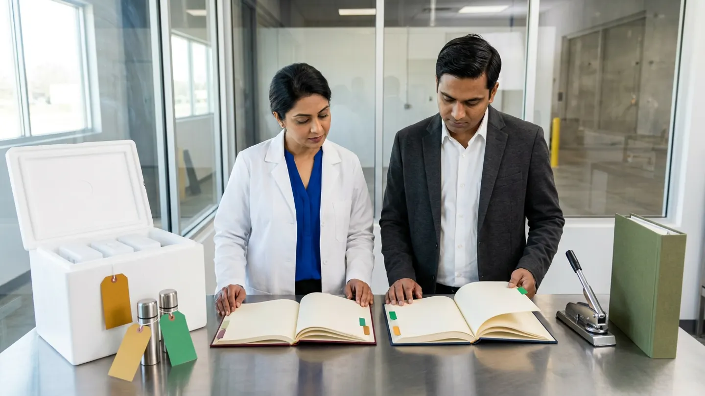 In a sunlit glass-walled Indian pharmaceutical cold-chain quality review and shipment-disposition office overlooking a clean refrigerated receiving bay, an Indian female pharmaceutical QA review manager in a white laboratory coat over a royal-blue blouse and a male cold-chain logistics compliance specialist in a charcoal blazer over a crisp white shirt stand at a brushed stainless-steel table comparing two open cloth-bound registers side by side—a burgundy shipment-excursion evidence dossier with coloured index tabs on the left and a navy product-stability budget ledger with green and amber index tabs on the right—flanked on the left by an open white insulated shipper box holding white cooling bricks and two cylindrical stainless-steel data loggers tied with blank amber-gold and emerald-green tags, and on the right by a brushed steel seal press beside an upright olive-green batch release binder.