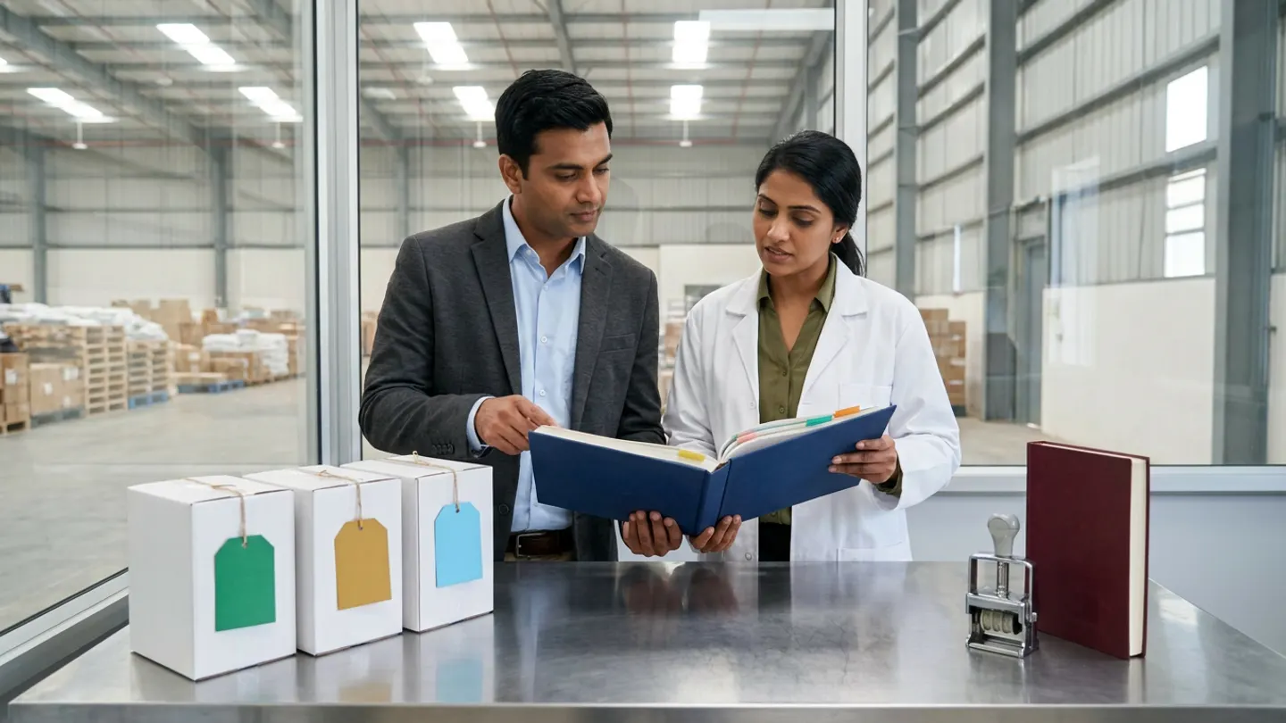 In a sunlit glass-walled Indian pharmaceutical order-allocation and shelf-life control office overlooking a finished-goods pallet warehouse, an Indian male pharmaceutical distribution planner in a charcoal blazer over a light-blue shirt and a female warehouse quality supervisor in a white laboratory coat over an olive-green blouse stand at a brushed stainless-steel table reviewing an open navy cloth-bound FEFO lot-allocation register with coloured index tabs alongside three sealed white pharmaceutical shipper cartons tied with blank emerald-green, amber-gold, and sky-blue shelf-life sequence tags on the left, flanked by a brushed steel mechanical rotary date-stamp press beside an upright burgundy dispatch ledger on the right.