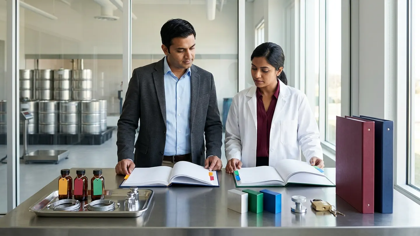 In a sunlit glass-walled Indian pharmaceutical hazardous-waste mass-balance reconciliation and custody-handover room overlooking a clean bunded stainless-steel drum staging and floor-scale bay, an Indian male EHS hazardous-waste compliance manager in a charcoal-grey blazer over a light-blue dress shirt and a female chemical-stores and waste-manifest reconciliation specialist in a white laboratory coat over a burgundy blouse stand at a brushed stainless-steel reconciliation table behind two open cloth-bound registers side by side—a deep-navy hazardous-waste stream classification, tare/gross mass, and accumulation balance register with amber-gold and crimson-red index tabs on the left and a forest-green authorised transporter custody-handover, weighbridge reconciliation, and disposal-certificate verification ledger with emerald-green and royal-blue index tabs on the right—accompanied on the left by a brushed stainless-steel custody tray holding three sealed amber glass spent-solvent retention bottles with blank amber-gold, burgundy-red, and emerald-green tags, two coiled stainless-steel wire drum security seals, and three mirror-polished cylindrical stainless-steel check-weights, and on the right by three solid-colour anodized aluminium blocks in brushed silver, emerald green, and royal blue, a steel stamp, a brass padlock with keys, and two upright cloth-bound EHS master dossiers in burgundy and deep navy.