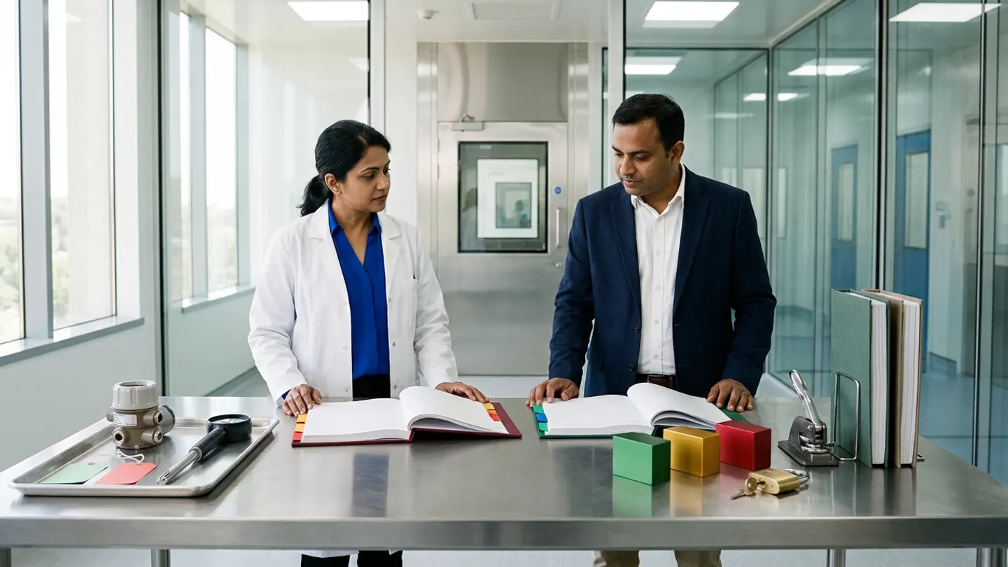 In a sunlit glass-walled Indian pharmaceutical cleanroom HVAC excursion, differential-pressure reconstruction, and room-readiness qualification room overlooking a clean stainless-steel sterile airlock and cleanroom corridor, an Indian female QA environmental-control and room-release lead in a white laboratory coat over a royal-blue blouse and a male HVAC and cleanroom utilities engineering manager in a deep-navy blazer over a crisp white shirt stand at a brushed stainless-steel review table behind two open cloth-bound registers side by side—a burgundy HVAC differential-pressure excursion timeline and room-activity reconstruction register with amber-gold and crimson-red index tabs on the left and a forest-green technical-restoration, air-change recovery, and QA room-readiness release ledger with emerald-green and royal-blue index tabs on the right—accompanied on the left by a brushed stainless-steel engineering tray holding a stainless-steel differential-pressure transmitter housing with dual pneumatic ports, a handheld stainless-steel vane anemometer probe, and blank mint-green and coral-red room-status tags, and on the right by three solid-colour anodized aluminium room-readiness status blocks in emerald green, amber gold, and crimson red, a brass padlock with keys, a chrome lever embossing seal, and two upright cloth-bound facility qualification master dossiers.