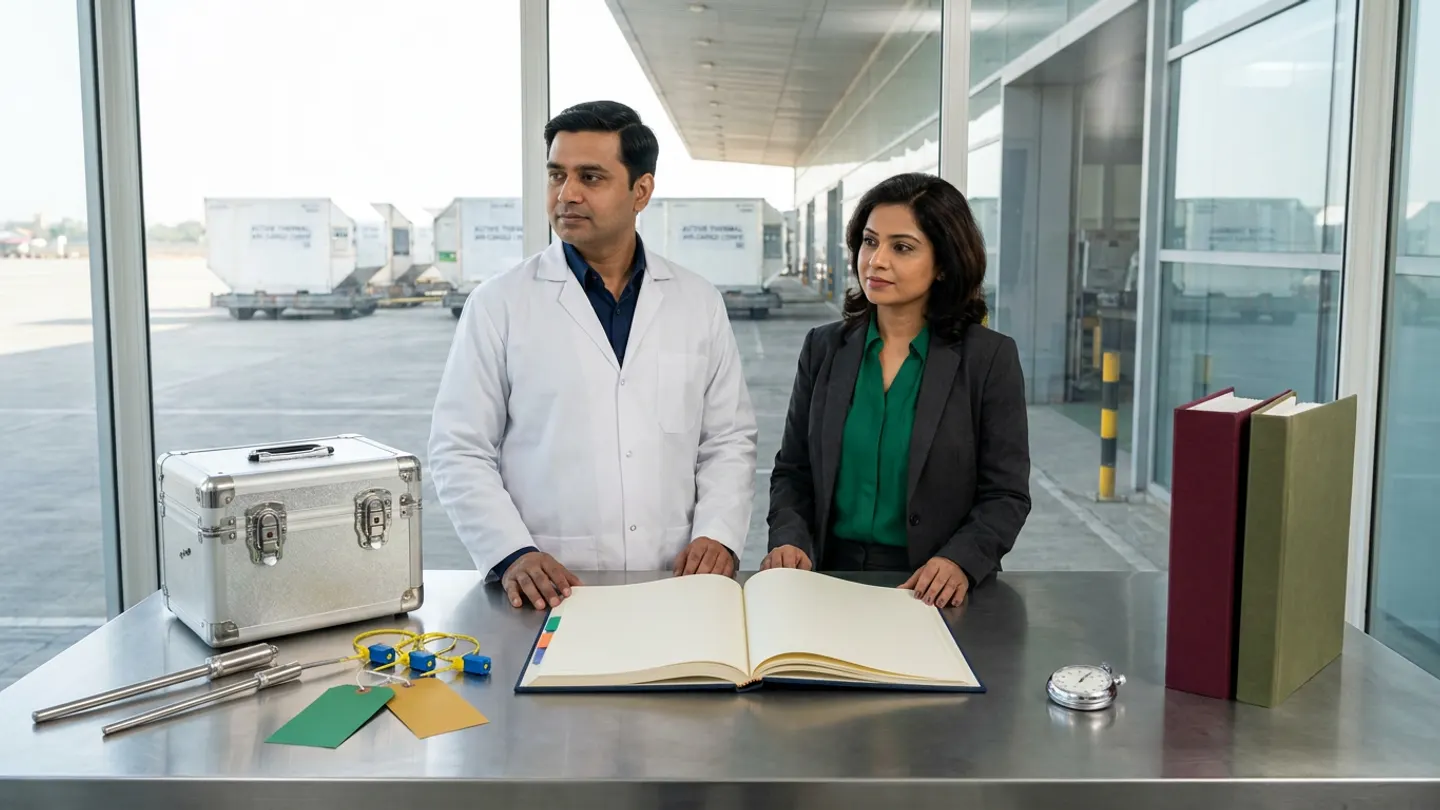 In a sunlit glass-walled Indian pharmaceutical air-cargo import customs and cold-chain handover office overlooking an airport tarmac staging bay with white active thermal air-cargo containers, an Indian male pharmaceutical import QA manager in a white laboratory coat over a navy shirt and a female customs cold-chain handover specialist in a charcoal blazer over an emerald-green blouse stand at a brushed stainless-steel counter behind an open navy cloth-bound import cold-chain custody and handover register with coloured index tabs, flanked on the left by a silver insulated air-freight thermal case with metal latches, two stainless-steel temperature probes, and three yellow-and-blue cable seals tied with blank emerald-green and amber-gold tags, and on the right by a brushed steel stopwatch timer beside two upright cloth-bound import clearance dossiers in burgundy and olive green.