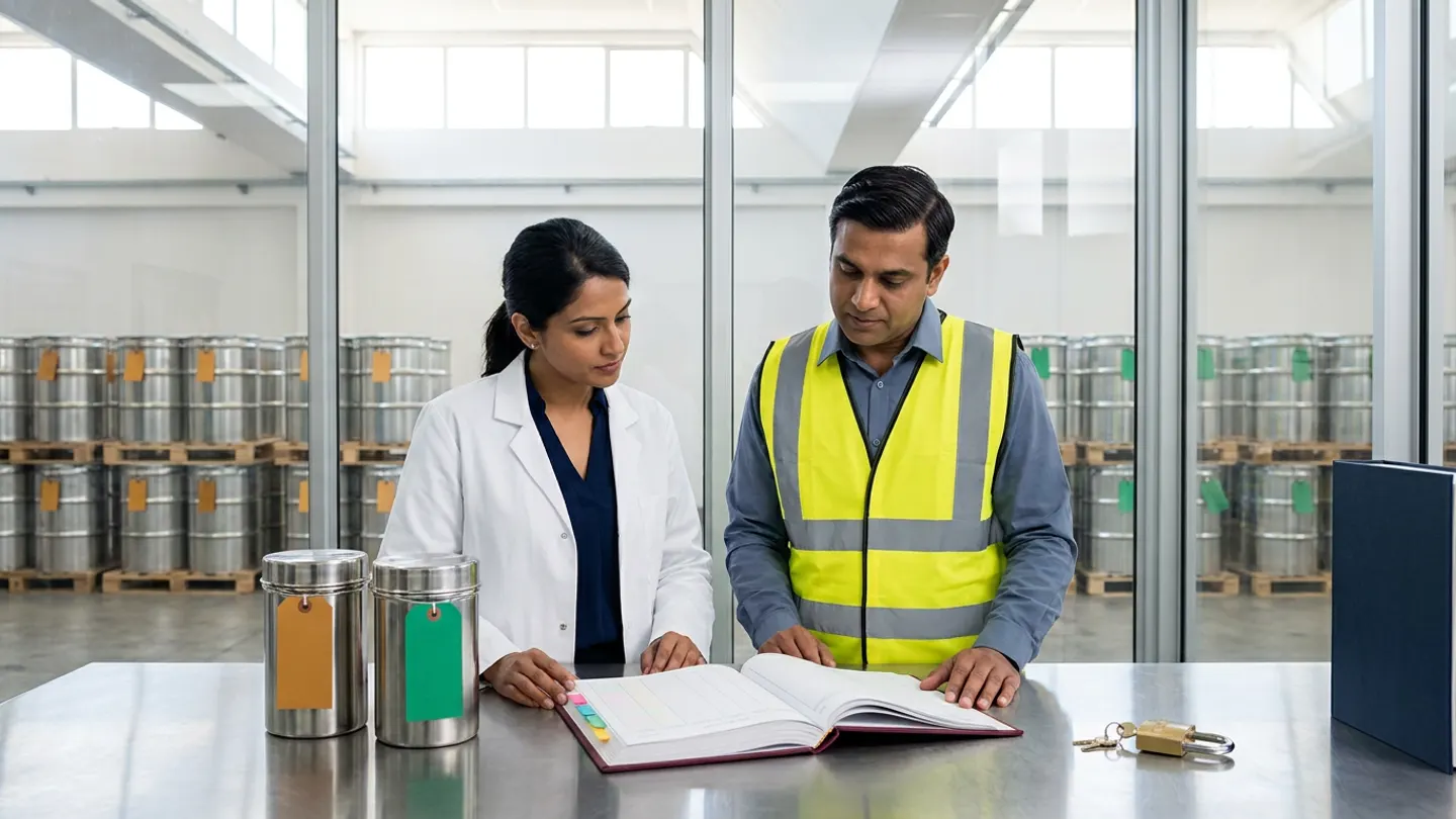 In a sunlit glass-walled Indian pharmaceutical warehouse status-control office overlooking a clean GMP raw-material bay divided into two distinct pallet zones with amber-tagged quarantine stainless-steel drums on the left and emerald-green-tagged released stainless-steel drums on the right, an Indian female pharmaceutical warehouse QA lead in a white laboratory coat over a dark-navy blouse and a male materials controller in a slate-blue shirt and yellow high-visibility vest stand at a brushed stainless-steel counter comparing an open burgundy cloth-bound batch status-release register with coloured index tabs against two sealed brushed stainless-steel API reference canisters on the left—one tied with a blank amber-gold quarantine tag and one tied with a blank emerald-green release tag—and a brass security padlock with keys beside an upright navy warehouse ledger on the right.